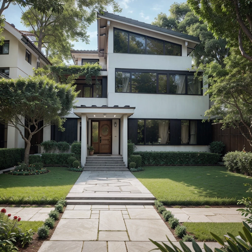Close-up of a house with garden and walkway, exterior design, beautifully detailed rendering, dense with greenery, award-winning rendering, wide angle exterior 2022, impressive front view, architectural design overall architecture, very symmetrical, lumion rendering, villa interdimensional, drawn with lumion pro, modern house, blue tile roof, many trees and flowers, exterior photography, amazing details surprised