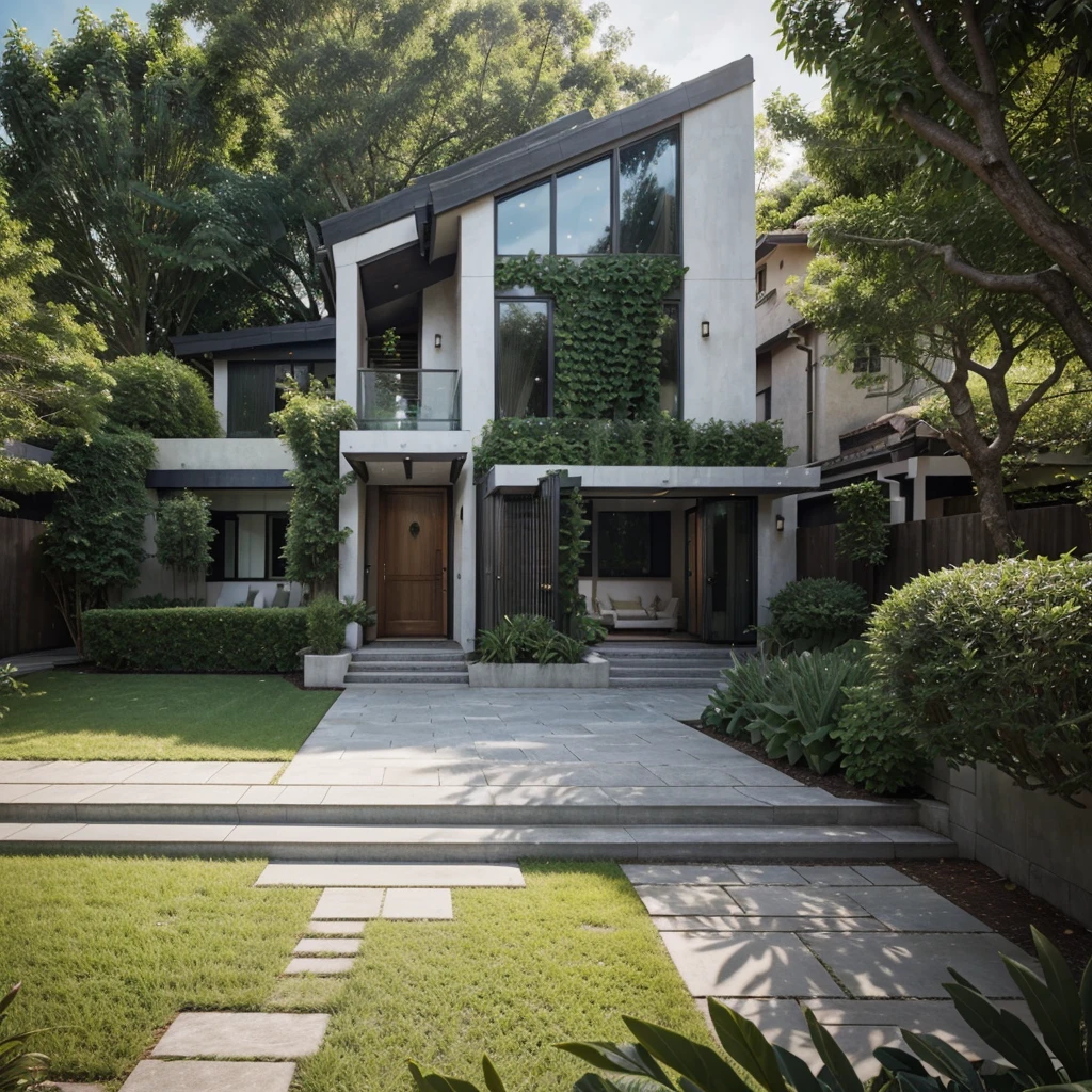 Close-up of a house with garden and walkway, exterior design, beautifully detailed rendering, dense with greenery, award-winning rendering, wide angle exterior 2022, impressive front view, architectural design overall architecture, very symmetrical, lumion rendering, villa interdimensional, drawn with lumion pro, modern house, blue tile roof, many trees and flowers, exterior photography, amazing details surprised
