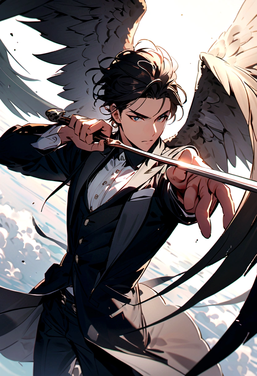 A handsome young man holding a bow,in a shooting stance, flying with his wings 