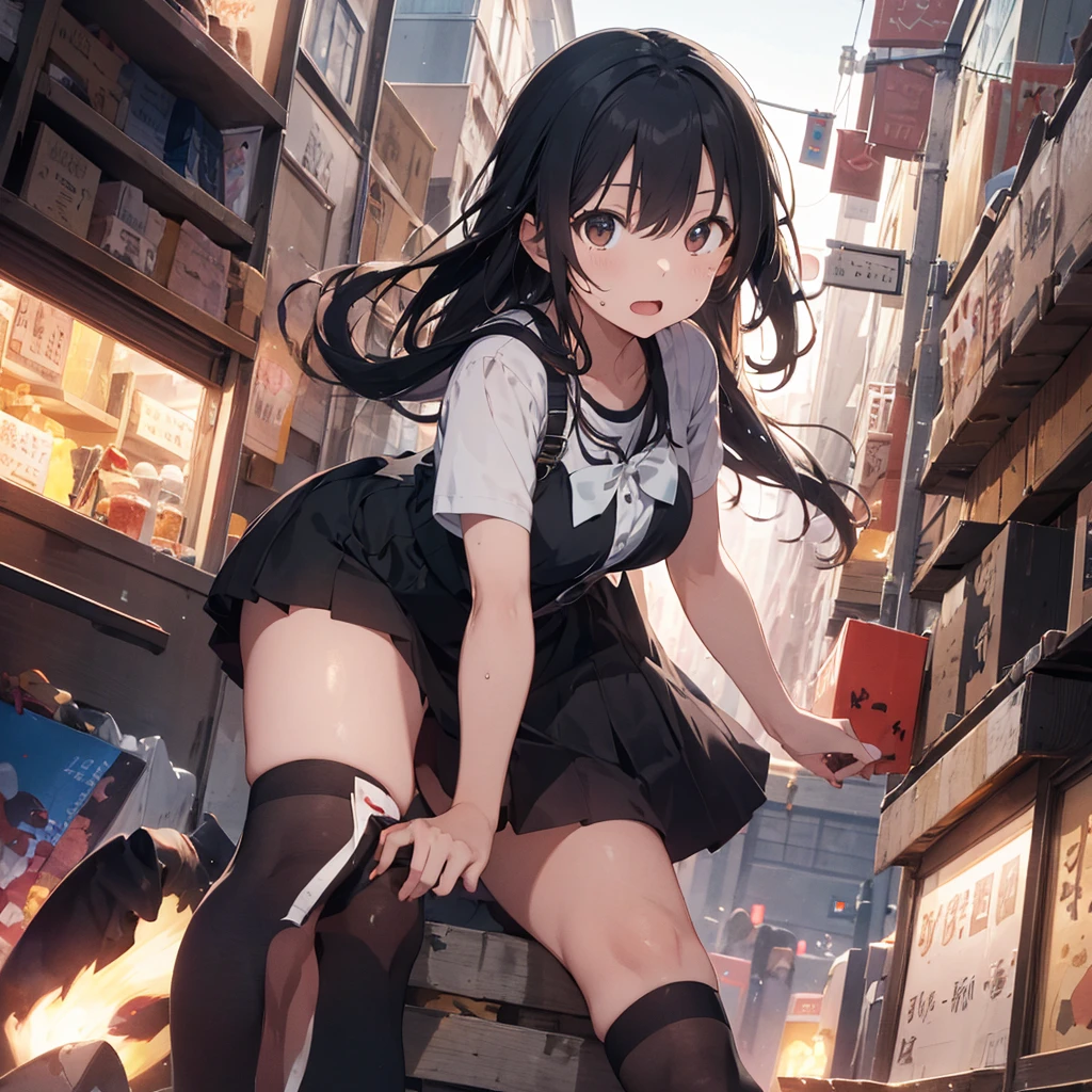 high resolution。High resolution、Low - Angle、masterpiece、Beautiful girl with beautiful black hair、cute、Playing the Trumpet、miniskirt and knee socks。sweating、high resolution8K
