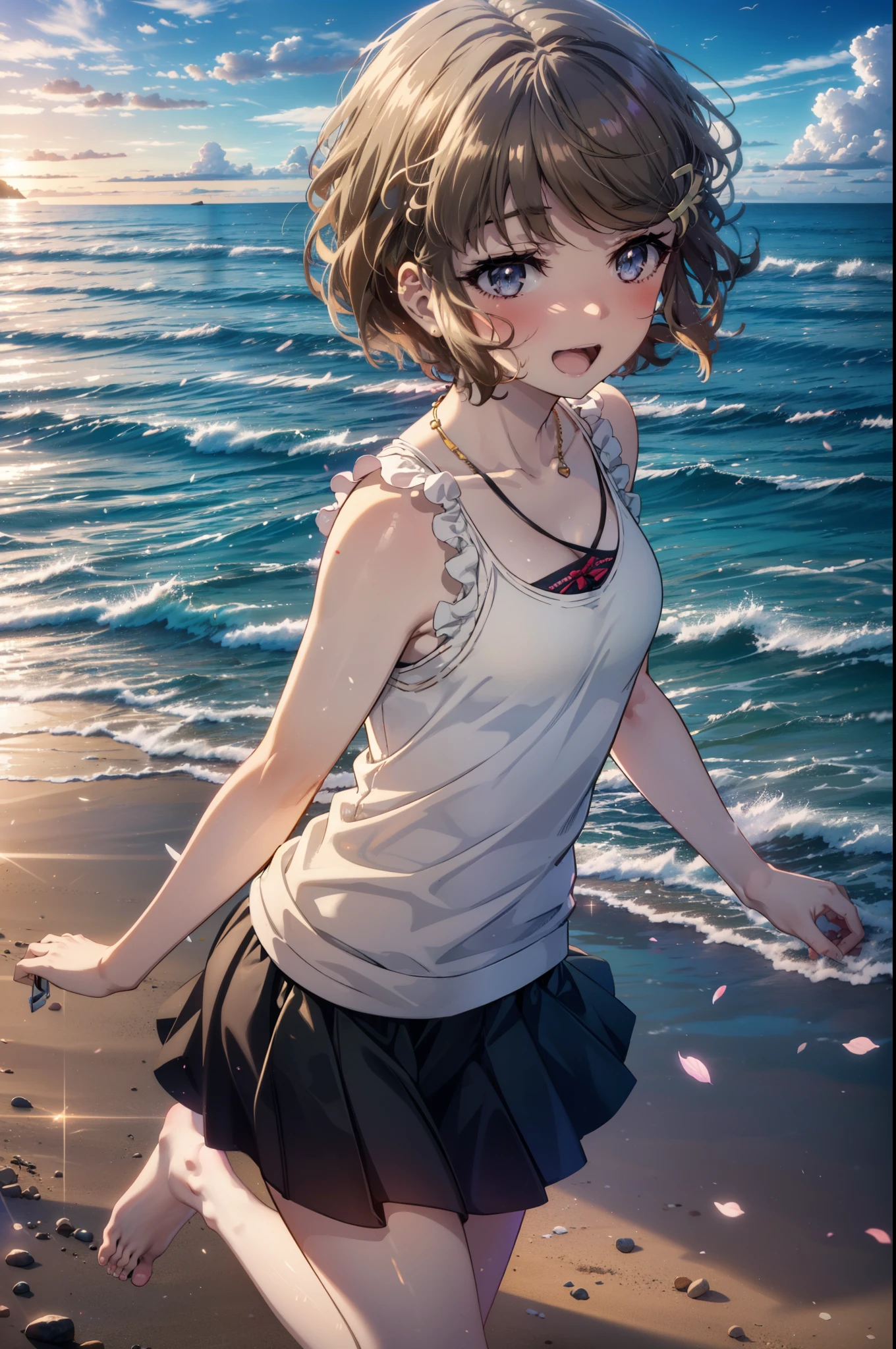 tomoekoga, Chie Koga, Long Hair, Brown Hair, blue eyes, Hair Clip,happy smile, smile, Open your mouth,Yellow tank top shirt,No sleeve,Shell Necklace,Long skirt,barefoot,barefoot,Walking,True Summer,Daytime,Hair is fluttering in the wind,Sandy Beachで散歩している,whole bodyがイラストに入るように,
break outdoors, Sandy Beach,Beach,
break looking at viewer, whole body,
break (masterpiece:1.2), Highest quality, High resolution, unity 8k wallpaper, (figure:0.8), (Beautiful attention to detail:1.6), Highly detailed face, Perfect lighting, Highly detailed CG, (Perfect hands, Perfect Anatomy),