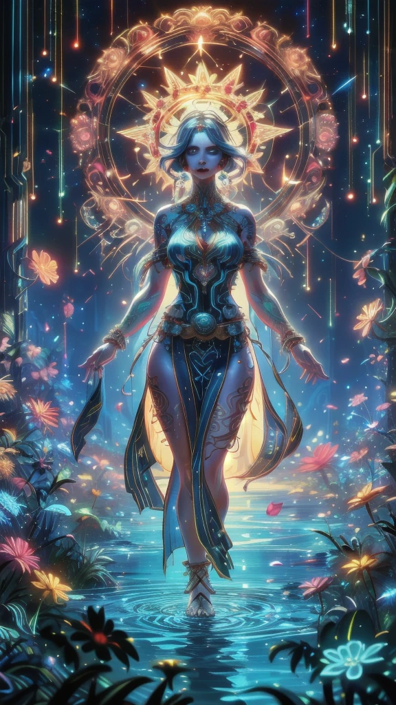 ((Giant goddess,Styx,flower:1.2)),(raise arms),(perfect composition),photobash,(insane detailed),(realistic,ultra-realistic:1.2),
(kaleidoscope,halo,magic circle,constellation:1.3),(natural beauty,Entwined by plants,floating,(petals), water,ripples,standing on liquid:1.3),(Long floating hair,carefully cut hairstyle:1.3),(dramatic,imagination,Mythic,religion,Epic,space opera,Terrible hallucination,extremely absurd,beautiful and aesthetic,dreamlike:1.3),(loincloth,side slit,dress,pelvic curtain,clothing cutout,anklet,armlet,sandals:1.3),(realistic hands:1.3),
(anatomically correct),(Elegant charm,beautiful image,femme fatale:1.3),(athletic hourglass figure:1.4),(grey eyes,Realistic eyes:1.3),(perfect face,lipstick,heavy makeup:1.3),
SAIBOSENLIN,GLOWING,glowing plants,(glowing tattoos:1.2),neon lights,low key,