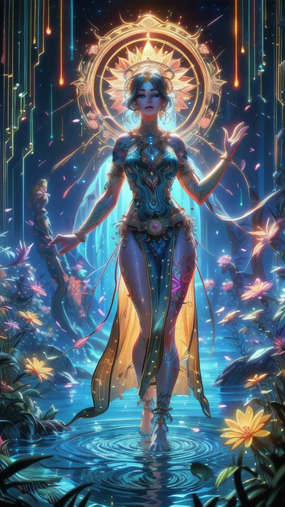 ((Giant goddess,Styx,flower:1.2)),(raise arms),(perfect composition),photobash,(insane detailed),(realistic,ultra-realistic:1.2),
(kaleidoscope,halo,magic circle,constellation:1.3),(natural beauty,Entwined by plants,floating,(petals), water,ripples,standing on liquid:1.3),(Long floating hair,carefully cut hairstyle:1.3),(dramatic,imagination,Mythic,religion,Epic,space opera,Terrible hallucination,extremely absurd,beautiful and aesthetic,dreamlike:1.3),(loincloth,side slit,dress,pelvic curtain,clothing cutout,anklet,armlet,sandals:1.3),(realistic hands:1.3),
(anatomically correct),(Elegant charm,beautiful image,femme fatale:1.3),(athletic hourglass figure:1.4),(grey eyes,Realistic eyes:1.3),(perfect face,lipstick,heavy makeup:1.3),
SAIBOSENLIN,GLOWING,glowing plants,(glowing tattoos:1.2),neon lights,low key,