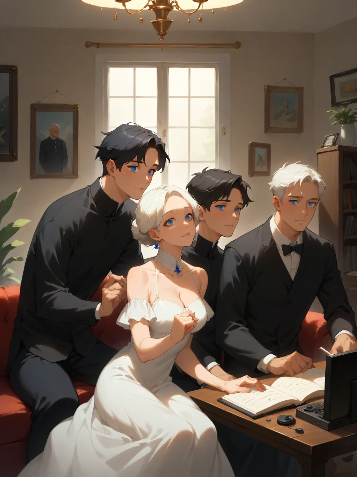 gramophone วินเทจ, simple living room , Quiff hairstyle, black short hair , old phonograph, gramophone，Listen to music，rest day ，The background is the house. , 3 men, father and son,  3 men, （30 year old man：mature man，สวมใส่white dress，black hair, blue eyes），（2  boy：black dress,black hair,blue eyes），（2 year oldte dress,white hair,blue eyes）