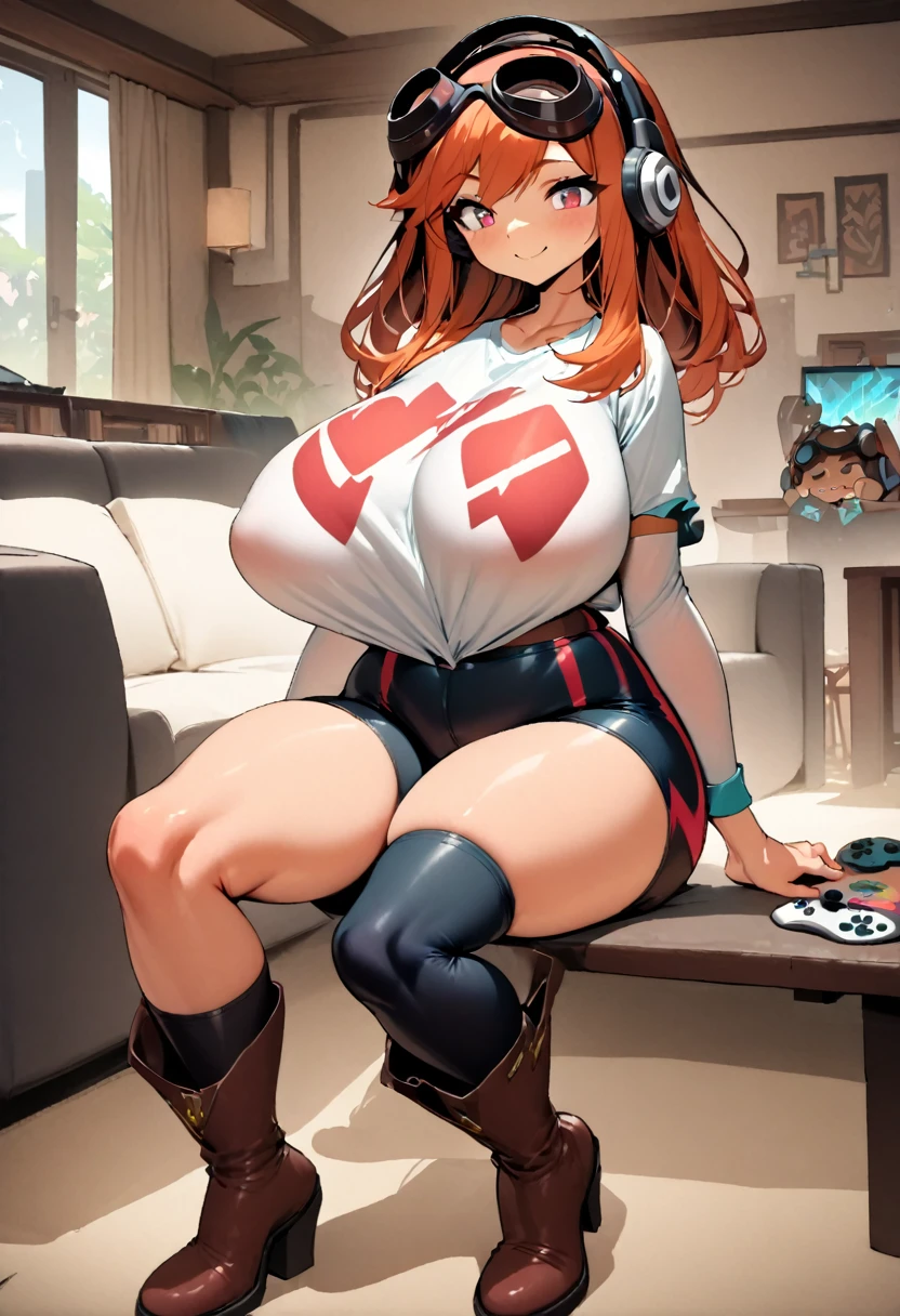 masterpiece, best quality, meggy, headphones, goggles on head, white shirt, layered sleeves, spandex shorts, brown boots, full body, smile, sitting in living room with video game controller, huge breasts, sexy,