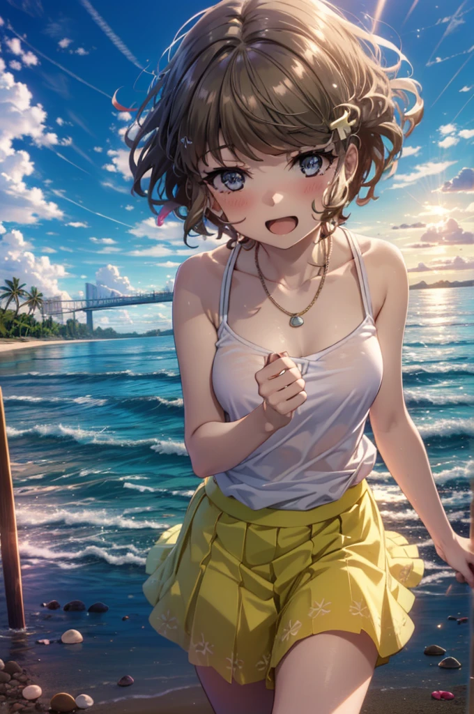 tomoekoga, Chie Koga, Long Hair, Brown Hair, blue eyes, Hair Clip,happy smile, smile, Open your mouth,Yellow tank top shirt,No sleeve,Shell Necklace,Long skirt,barefoot,barefoot,Walking,True Summer,Daytime,Hair is fluttering in the wind,Sandy Beachで散歩している,whole bodyがイラストに入るように,
break outdoors, Sandy Beach,Beach,
break looking at viewer, whole body,
break (masterpiece:1.2), Highest quality, High resolution, unity 8k wallpaper, (figure:0.8), (Beautiful attention to detail:1.6), Highly detailed face, Perfect lighting, Highly detailed CG, (Perfect hands, Perfect Anatomy),