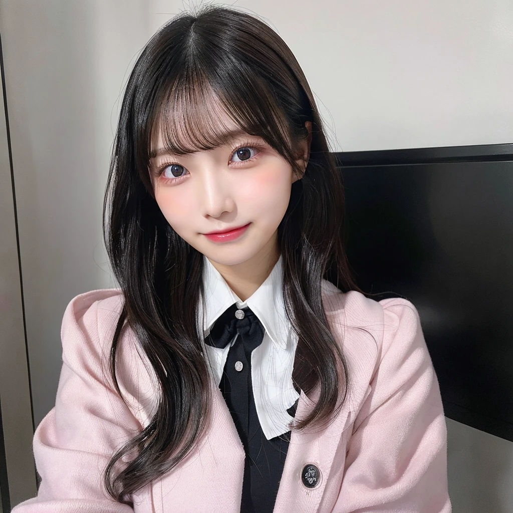 whiteroom, 1 person, Japanese woman, look at the camera, 24yo, H~I cup, model's expression, silver ratio, cute, middle black hair, pink idol uniform, erotic, eye color brown, Dimples on both cheeks, round face