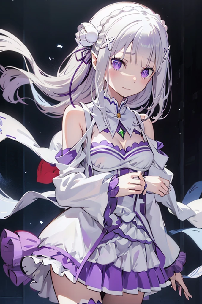 emilia, 
Rezero emilia, 
1girl, 
best illustration, masterpiece, best quality, (anime screencap:0.8), (official art:0.7), detailed beautiful face and eyes, nice hands, perfect hands, BREAK long hair, low-tied long hair, braid, crown braid, animate, anime keyvisual, super fine illustration, 
white hair, 
(purple eyes:1.2), (beautiful detailed eyes:1.6),
looking at viewer, 
pointy ears,
BREAK smile, 
dress, pink dress, BREAK bare shoulders, detached collar, long sleeves, shoulder cutout, wide sleeves, white sleeves, 
medium breasts, 
zettai ryouiki, 
flower, hair flower, hair ornament, hair ribbon,   white flower, x hair ornament,
cowboy shot ,
perfect lighting,
background of indoor, 