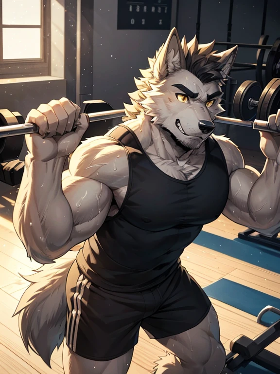 Muscular anthropomorphic wolf, dark grey fur, in his 30s, yellow eyes, wearing tshirt and shorts, in gym, Perfect detailed features, comic realism, 2D, working out, sweating, Hand drawn, manga style, comic style, drawing, big wolf, handsome, sparkling light, rugged, looking at camera, comic style