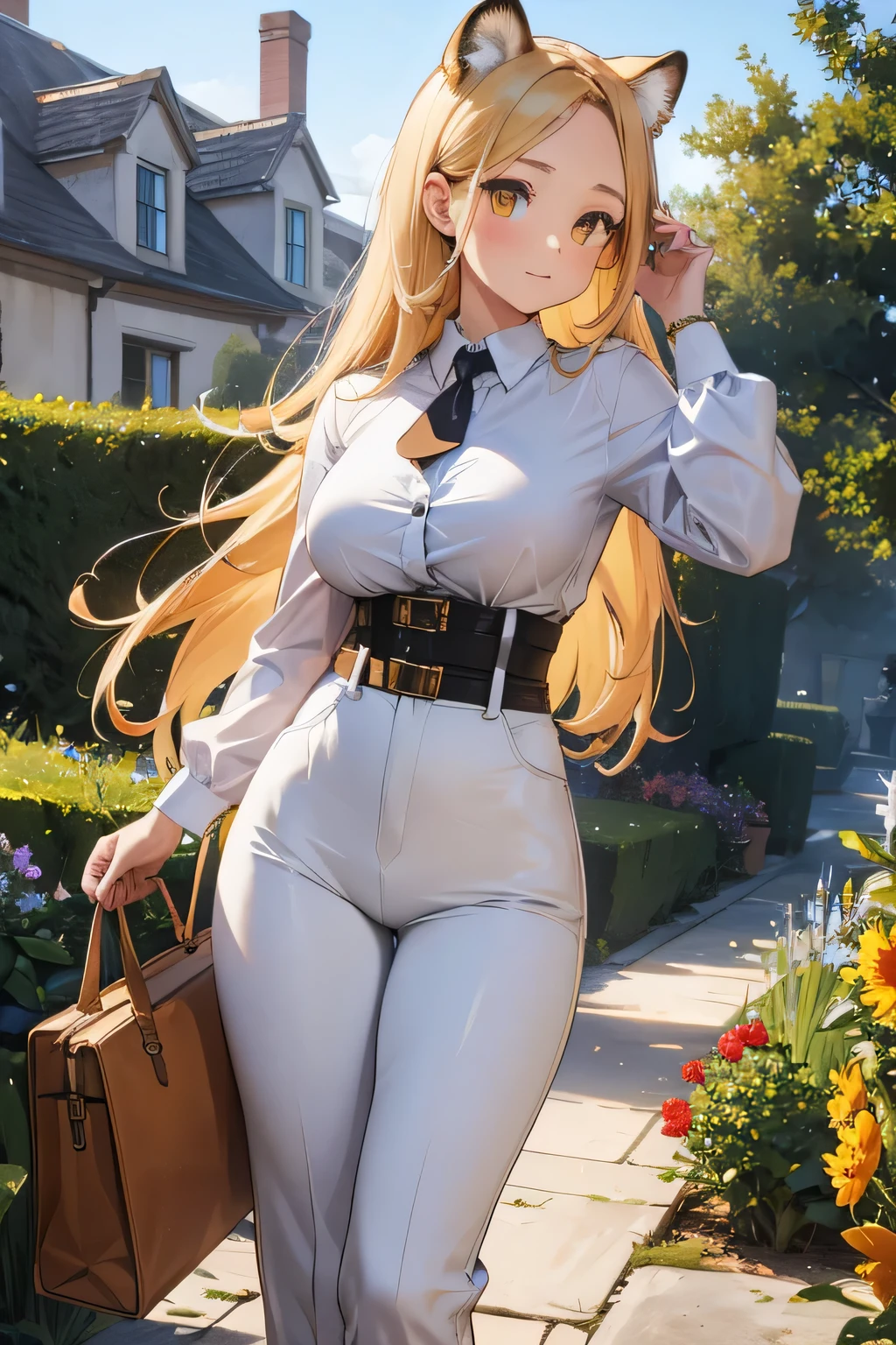 1 girl, single girl, cute, long brown-yellow hair, yellow eyes, big breasts, big hips, cheetah ears, cheetah tail, white blouse, wide brown pants, in a mansion, in a garden
