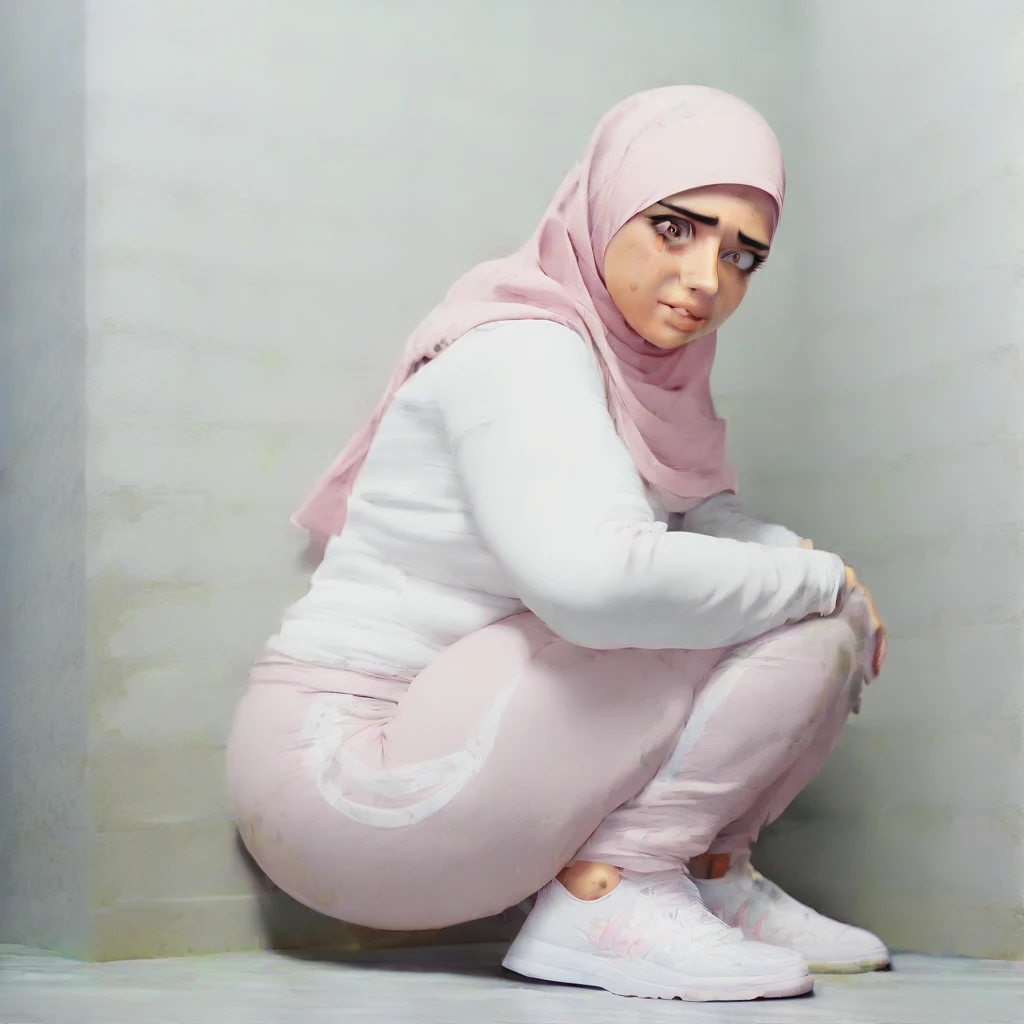 Ultra-realistic, 4k, 1girl, hot cute face, pretty face, cute eyes, chubby body, ((chubby female body)), wearing pink hijab, pink adidas sweatpants, tight long sleeve sports white tshirt, white sneakers, nervous facial expressions, very sweaty, both hands on ass, in dirty dark public toilet, near the toilet, dirty toilet walls, dirty toilet floor, dirty toilet, dirty clothes, sweaty clothes, (((make the whole image filthy and dirty))), (((mud on the floor and mud overflowing from toilet bowl))), stinky atmosphere, filthy atmosphere, mud everywhere, mud on face, mud on pants, disgusting toilet,