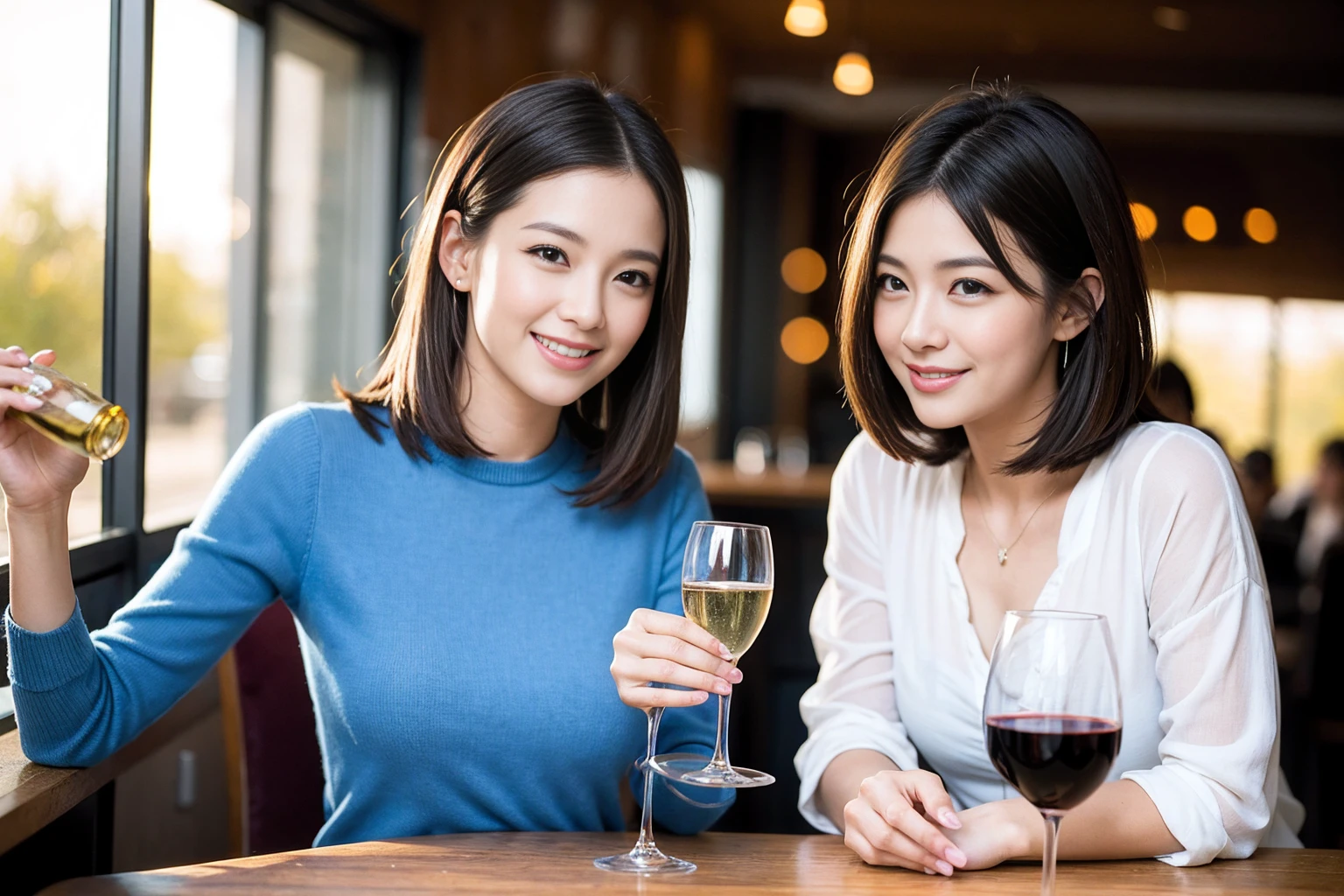 ((Highest quality、8K、masterpiece:1.3))、1 male、1 female、石原さとみ似Couple、spouse、Couple、The body is slim、((Bob Hale、Straight hair:1.2)), (Realistic, Intricate details:1.2), テーブルの上のwine glass、Put the light on your face、 Amazing view of the sunset sky and clouds、Amazing mountain views、A bright smile、The wonderfulness of smile、Bright image、The beauty of wine, Beautiful Face, blue eyes, The light shines on your face, Blushing, short hair,Bright Face、 (Age 37), 39 years old, red wine 、Appetizers、Italian food、Wine bottle、Champagne、sparkling wine、Two beauties、Brown Hair、Shortcuts、Long sleeve shirt、dress、Beautiful woman 1, (slimな顔), (The body is slim), (Brown Hair), (Shortcuts), cheeks turn a little red,Attractive beauty、restaurant, In a prominent place (From the waist up) Nova Frog Style, actress, model, Upper Body, White wine, slim, wine glass, 中央に置かれたwine glass, smile, (smile: 1.15), Beautiful fine grain, Depth f/2,saturation, High Contrast, Strong light and shadow,Moist Body:1.5、3D texture、Delicate eyes、Brown Hair、The hair is very shiny、