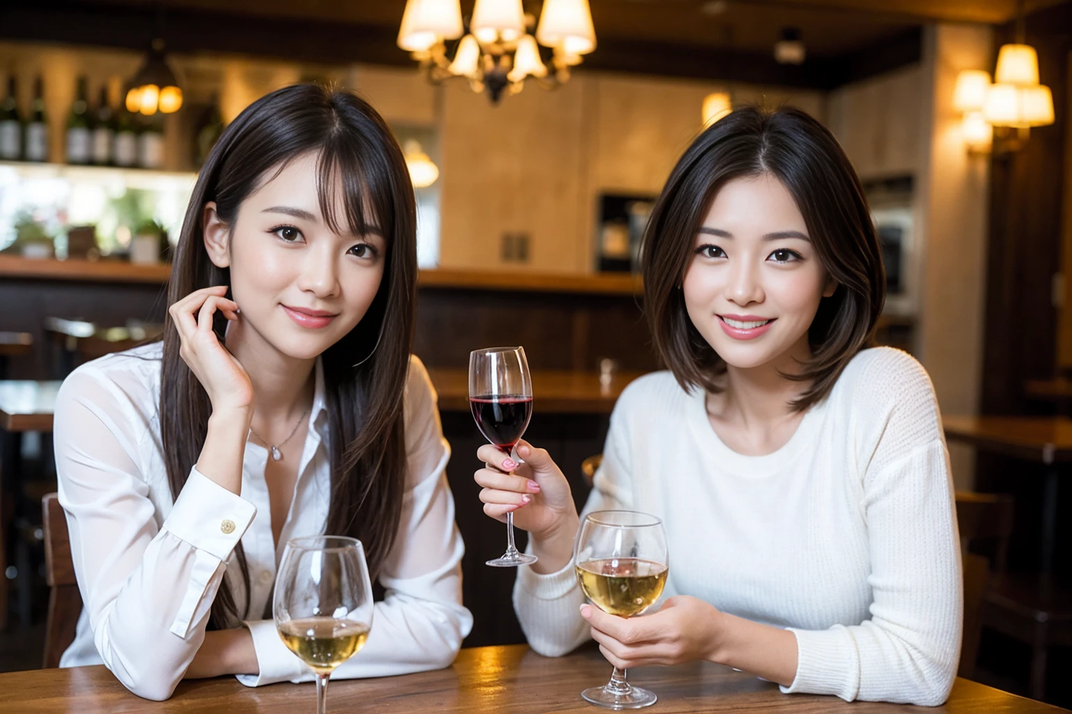((Highest quality、8K、masterpiece:1.3))、1 male、1 female、石原さとみ似Couple、spouse、Couple、The body is slim、((Bob Hale、Straight hair:1.2)), (Realistic, Intricate details:1.2), テーブルの上のwine glass、Put the light on your face、 Amazing view of the sunset sky and clouds、Amazing mountain views、A bright smile、The wonderfulness of smile、Bright image、The beauty of wine, Beautiful Face, blue eyes, The light shines on your face, Blushing, short hair,Bright Face、 (Age 37), 39 years old, red wine 、Appetizers、Italian food、Wine bottle、Champagne、sparkling wine、Two beauties、Brown Hair、Shortcuts、Long sleeve shirt、dress、Beautiful woman 1, (slimな顔), (The body is slim), (Brown Hair), (Shortcuts), cheeks turn a little red,Attractive beauty、restaurant, In a prominent place (From the waist up) Nova Frog Style, actress, model, Upper Body, White wine, slim, wine glass, 中央に置かれたwine glass, smile, (smile: 1.15), Beautiful fine grain, Depth f/2,saturation, High Contrast, Strong light and shadow,Moist Body:1.5、3D texture、Delicate eyes、Brown Hair、The hair is very shiny、