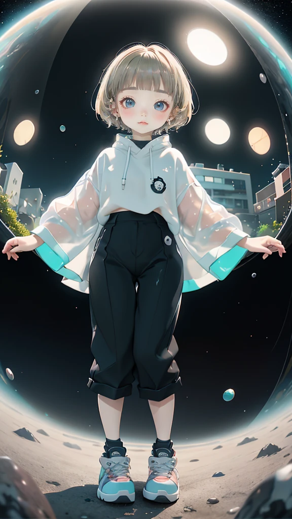 delicate、detailed、high quality、high resolution、4K、high quality、Short Mash Hair、Short Hair、Blonde Hair Color、Turquoise Eyes、white色のパーカー、Black hot pants、Black sneakers、Childish, high quality、超detailedな、(1 girl in:1.3)、internal、Elementary school girls、 girl,,Chairman Type,M-shaped foot、small, Inflated,white, See-through, Wet underwear,Complex architecture、Lush garden、Designing Peace and Spirituality。Designed with a fisheye effect image that captures a wide field of view with a unique curved viewing angle。Panoramic cityscape、Dramatic Skyline、breather、A sophisticated space with a rooftop view