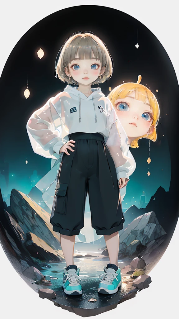 delicate、detailed、high quality、high resolution、4K、high quality、Short Mash Hair、Short Hair、Blonde Hair Color、Turquoise Eyes、white色のパーカー、Black hot pants、Black sneakers、Childish, high quality、超detailedな、(1 girl in:1.3)、internal、Elementary school girls、 girl,,Chairman Type,M-shaped foot、small, Inflated,white, See-through, Wet underwear,Complex architecture、Lush garden、Designing Peace and Spirituality。Designed with a fisheye effect image that captures a wide field of view with a unique curved viewing angle。Panoramic cityscape、Dramatic Skyline、breather、A sophisticated space with a rooftop view