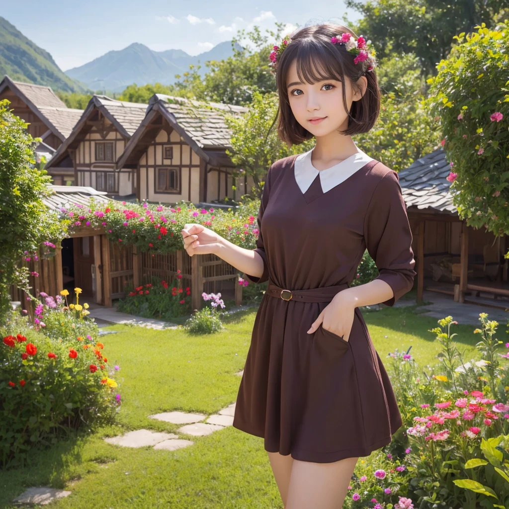 background nature village and warm, 1 girl with beautyfull eyes good body no additional hand drawings outfit villager but elegant
