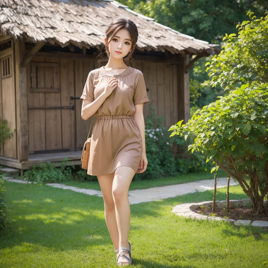background nature village and warm, 1 girl with beautyfull eyes good body no additional hand drawings outfit villager but elegant