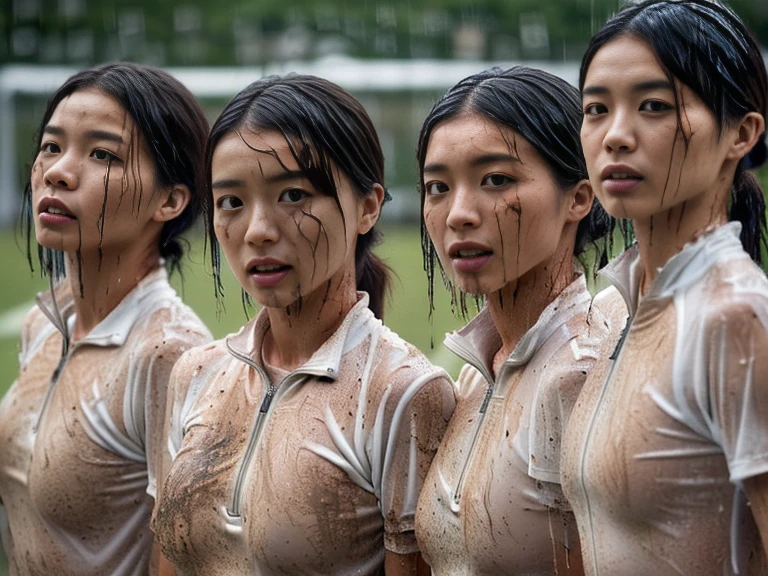 (A dirty field hockey uniform with plain white short sleeves and a very tight white half zip:1.7)、(A large, dirt-stained, white, square collar: 1.6)、(Red clay ground:1.5)、My hair is wet and messy、(Beautiful Japanese woman covered in dirt:1.8)、Highest quality, masterpiece, Ultra-high resolution, Photorealistic, Raw Photos,Detailed face,(Muscular woman:1.4), (Fastener open: 1.8), (Upper body zoom up:1.0),(Everyone wears the same clothes:1.0), All members are super beauties, (Three beautiful Japanese women standing quietly: 1.7), (Hair tied up: 1.4), (Expressionless:2.0), Bright photo, (My whole body is drenched in rain: 1.8), (Covered in mud and earth: 1.3)