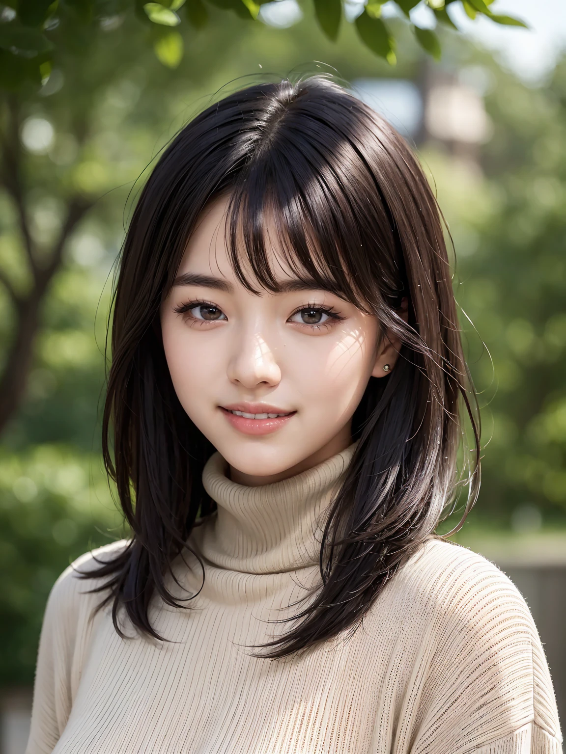 Realistic, masterpiece, highest quality, highest resolution, A portrait depicting only the upper body of a Japanese woman, A happy smile, slightly turned to the side, definitely looking at the audience, beautiful detailed eyes, black eyes, (hidden creased eyelids:1.2), thin eyebrows, Carefully draw eyelashes, natural makeup, middle hair, silver hair, detailed face, Black thick turtleneck sweater