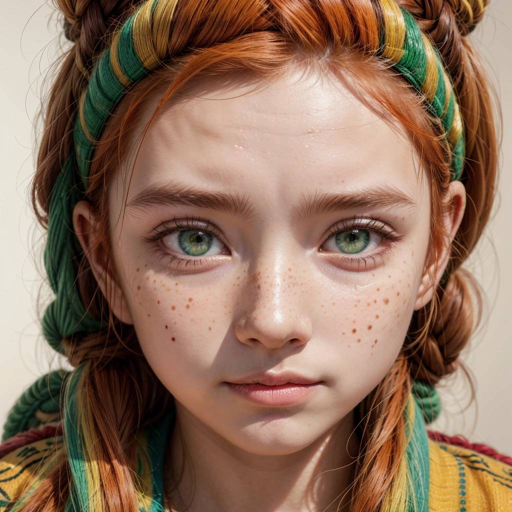 Create an image of an Inca from Peru with bright orange hair, freckles all over her face and stunning bright green eyes. Imagine the god Inti with facial features inspired by Stray Kids' Kpop idol Lee Know, with his characteristic charm and charisma. It fuses the essence of Inca culture with the aesthetics of Kpop by representing this divine being with a unique and modern appearance. Make the image convey a combination of strength and delicacy, reflecting the duality between the connection with nature and the influence of contemporary pop culture. Use vibrant colors and precise details to create a striking image that combines traditional and modern in a surprising way.