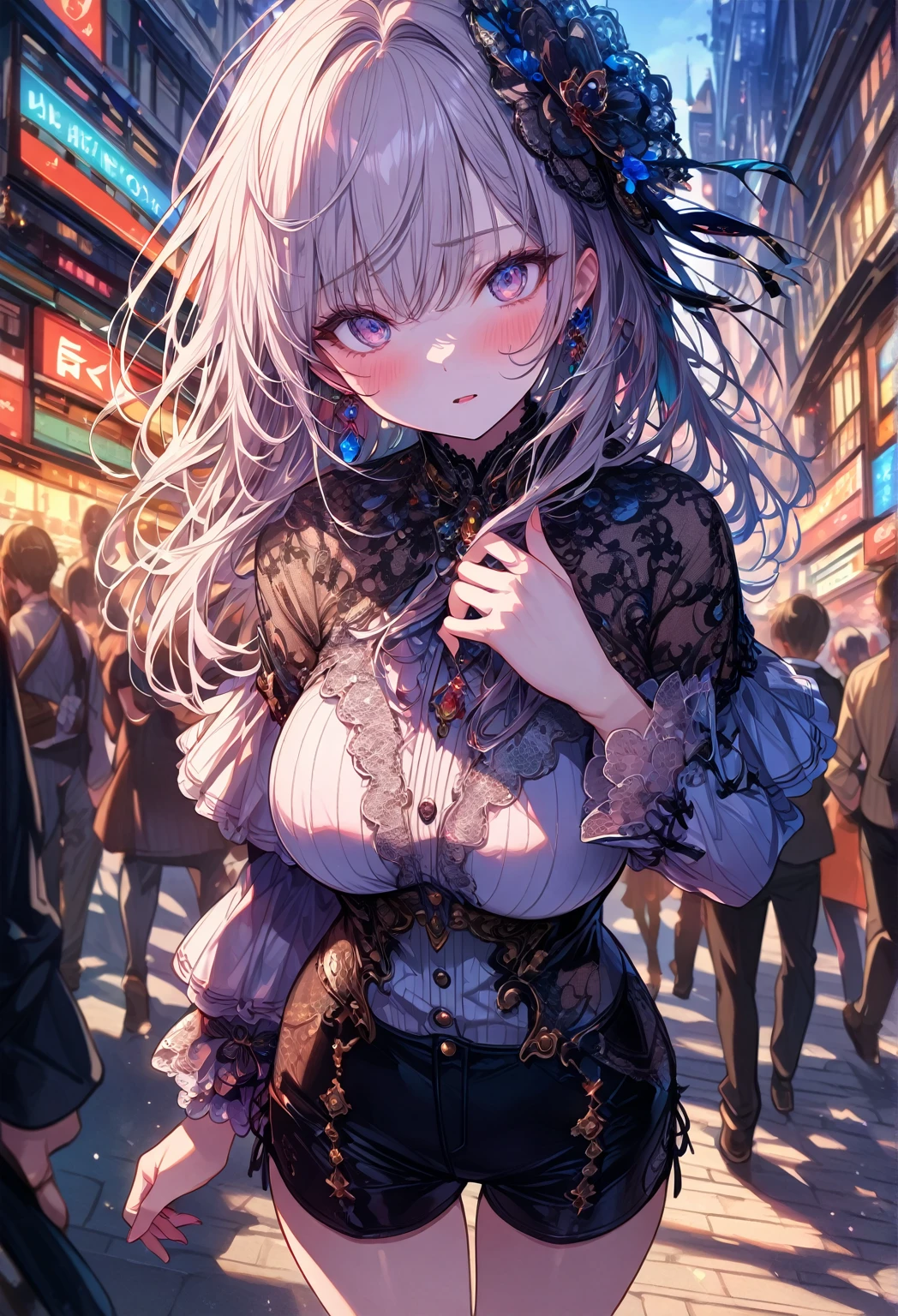 ((masterpiece:0), best quality, very aesthetic, up to date, absurd, detailed, high quality)
打破最high quality, Top quality, detail, high resolution, Super Fine, The art of math, Official Art, Movie, 4K, 8k resolution, 8k cg wallpaper, CG, original artwork, detailed background, Colored background, Blue atmosphere, High Dynamic Range, Blurred background, Blue Hour, Starburst effect, Twilight Light, Good ISO, high resolution, Wide-angle lens, From far away, RAW photos, Throw, Clear focus, Light Reflection, Reflection, intricate detail, Soft Light, Particle Noise, Professional photography, Bokeh, Depth of Field, Natural Lighting, Vibrant colors, Look away, detailed lights and shadows, fashionable, ultra-detailed, Top rated on Pixiv, Popular on ArtStation, Rainbow style, modern, Master production, PostureBREAK Solo, close up, from above, 1 Girl, Pale skin, Correct finger, detailed hand, (Large, firm breasts:1.4), thigh, small torso, short body, blush, blush, Anxious expression, Random, Slim, ((Lovely, Childlike face):1.3), Beautiful buttocks, Good shape, Brown hair, (飘逸的Long hair, (Big 2 Bun Hairstyle)), Long bangs, Long hair, 中Long bangs, Brown eyesBREAK
(Black Lace-Up Tank Top, Necklace, Off-the-shoulder green hoodie, (Abdominal skin), Unbuttoned shorts, Costume accessories in various colors)
BREAK A person walking on the street in a crowd, Crowded streets, Crowded streetss, in front of a large crowd, Huge Crowd, Girl walking through the city, People walking on the street