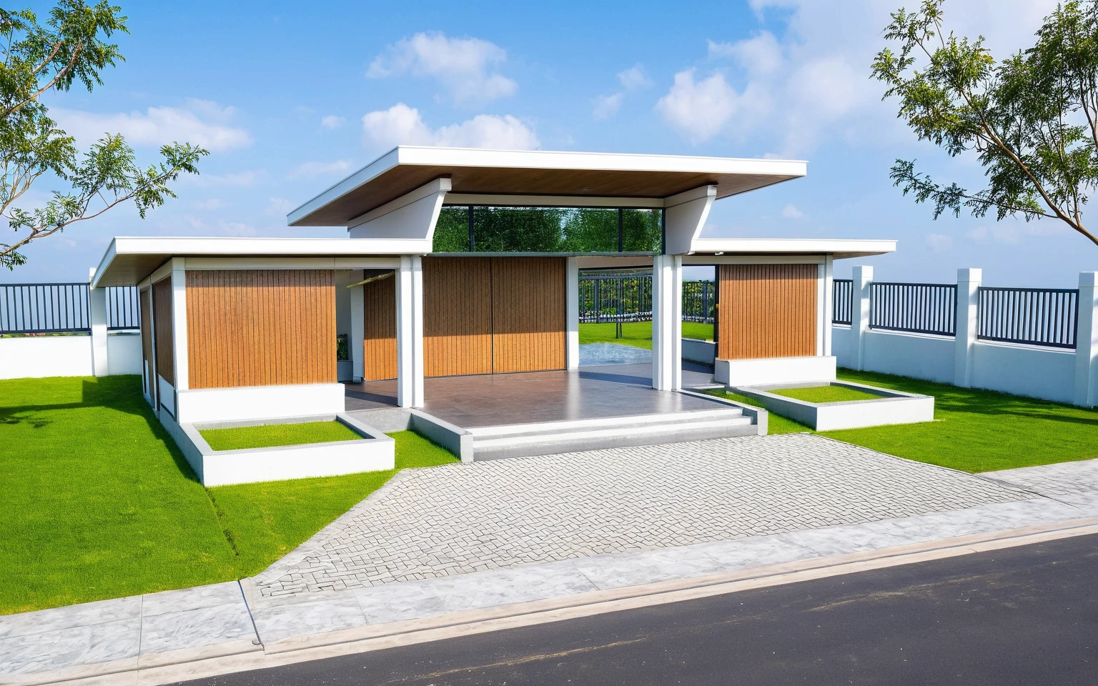 Masterpiece, high quality, best quality, authentic, super detail, outdoors, huts style modern, white wall, glass windows, gate road,pavement, grass, trees,blue sky, cloud, (day:1.1), realistic lighting