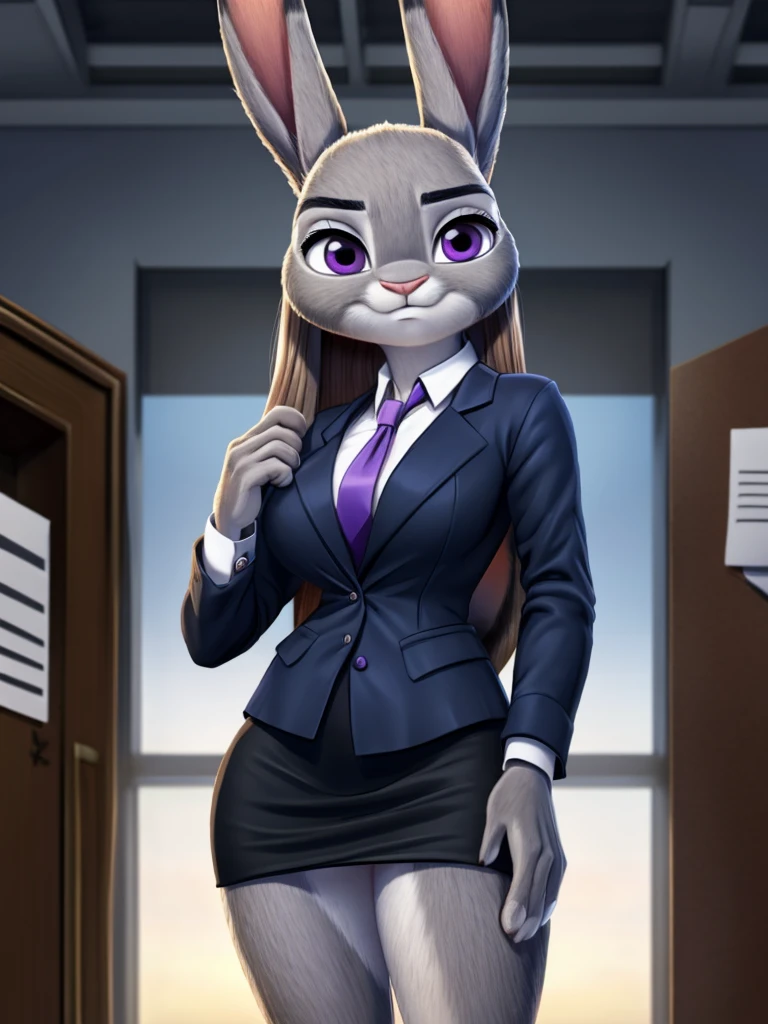 best quality,
masterpiece,
High quality
ultra-detailed
hyper Realistic,
Portrait,
Looking at the audience,
detailed background,
background is an office,

(Face is JudyHopps:1.15),
NamiFinal,
((long straight hair)),
wispy bangs, bangs,
purple eyes,
(arched eyebrows:1.1),
(uplift eyebrows:1.1),
(rabbit ears:1.1),

office lady is wearing suit,
((White blouse)),
((Black blazer jacket)),
((Black skirt)),
clothes made of cotton,

(skin is felt:1.3),
human hands,

(solo:1.5),
(1 lady:1.5),
one character only
alone,
Perfect Anatomy
