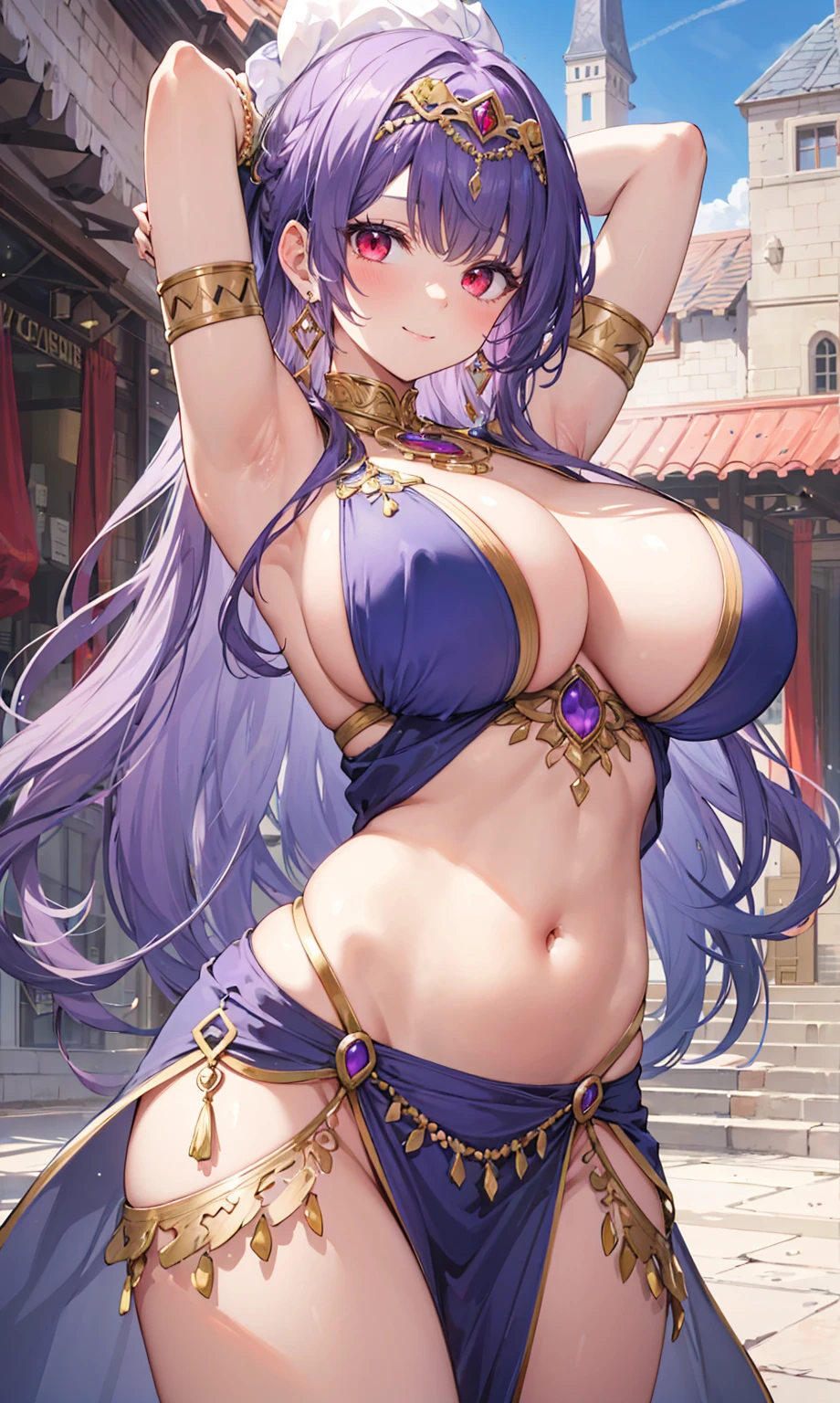 high quality, ultra detailed, best quality, insanely detailed, beautiful, masterpiece, 1girl, medieval plaza, cowboy shot, red eyes, long hair, purple hair, belly dancer, circlet, earrings, armlets, bracelets, bashful smile, large breasts, cleavage, soft stomach