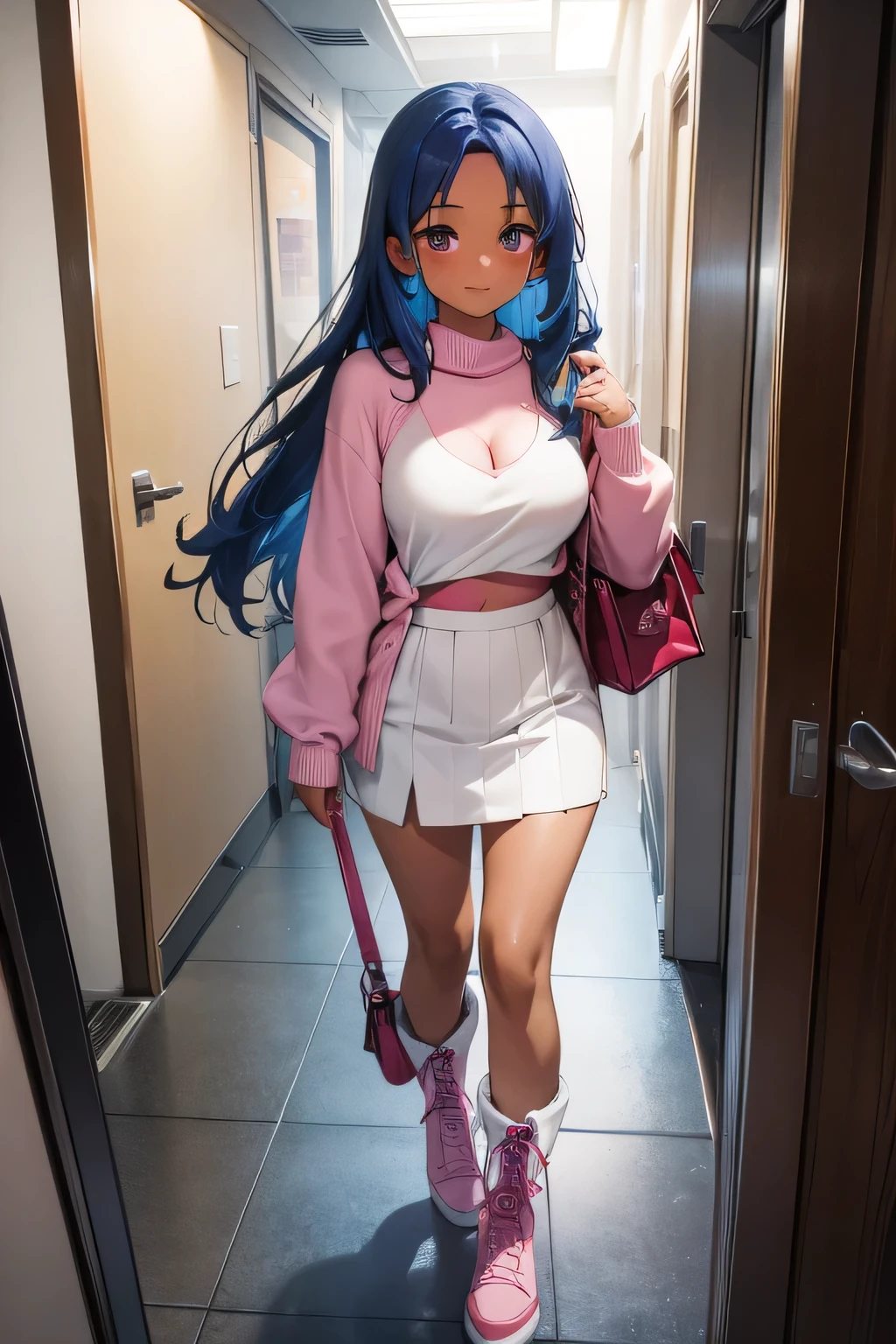 1 girl, single girl, blue hair and dark skin, tanned skin, big breasts and wide hips, pink top with heart cutout, a small white sweater, a small dark pink skirt, a long pink boot and a mini bag, in a office, in a building