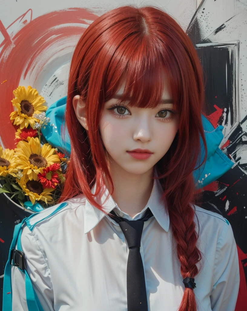 cute girl with red hair and a tie in front of a colorful background, style 4 k, portrait cute girl