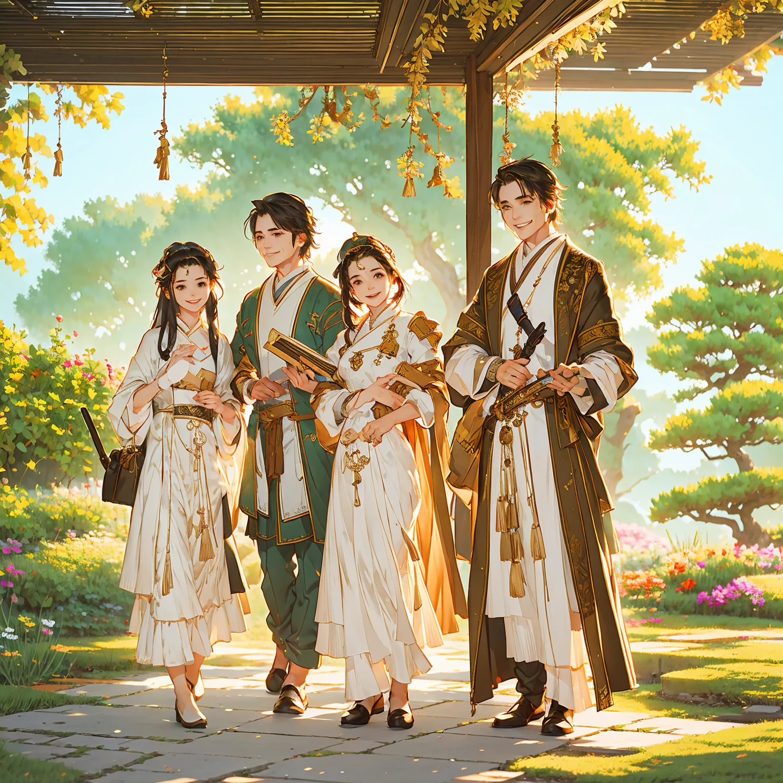 One man and one woman,Wearing traditional costume,A man holding a sword,A woman holding a medical book,Warmth and happiness。Bright colors,,antiquity