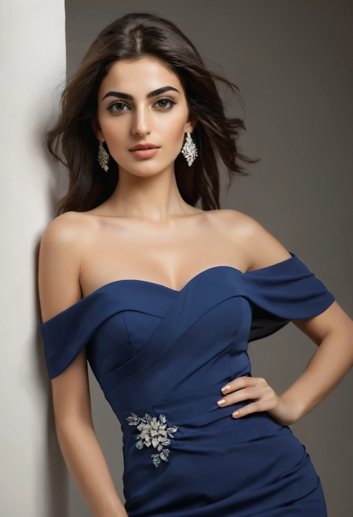 Create a realistic image of a 25-year-old Iranian female model. She should be wearing a bold, fashionable dress and facing the camera, showcasing her whole body. The model should have a figure with measurements 36-26-36 (bust-waist-hips). Ensure the model's attire and pose highlight these measurements. The background should be simple and not distracting, allowing the focus to remain on the model and her dress. The lighting should be well-balanced to highlight the details of both the model and her outfit.