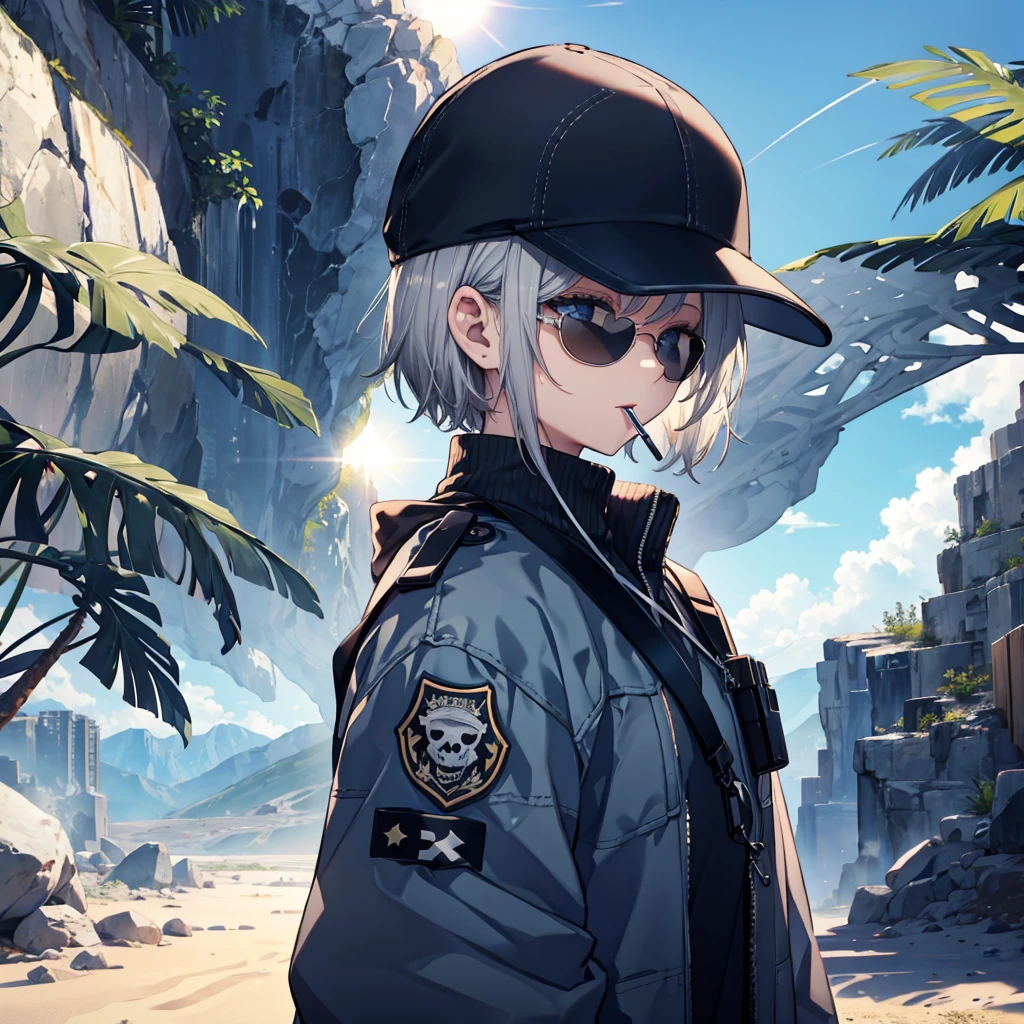 (((Smoke a cigarette Wear sunglasses Security Officer Wear a hat 1 person))) (((Gray Hair Short Hair blue eyes girl))),((noon wilderness In the middle of the desert)),(Shining Sun Rolling Skull), Shining Background Shining Edge