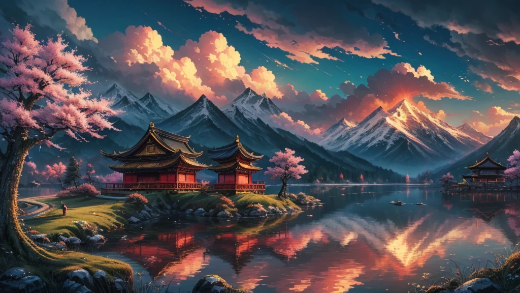 Chinese style,Fairy tale novel scenes,Takayama,spring,The tree,The attic surrounded by mountains reflects the colorful clouds,In the distance, The crane flew away,Shrouded in clouds,Ultrafine,8K,Best quality,masterpiece,oc rendering,Detailed depiction,Acura