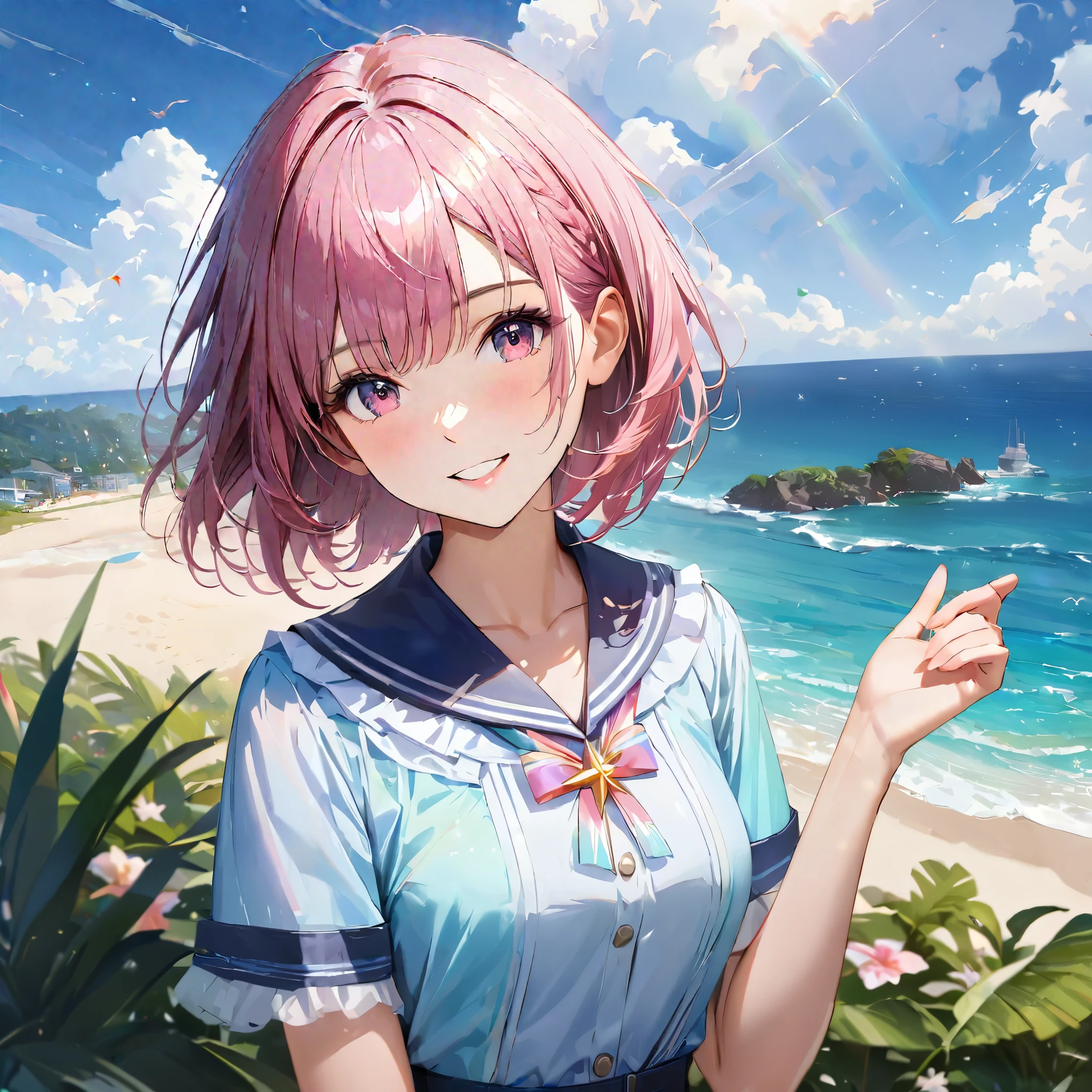 Sparkling sea and tropical ocean, Sunny sky with fluffy white clouds, Palm trees along the coast, Blur the background,Pleasant sea breeze,high school girl,short hair,smile,Glitter effect,Highest quality, 4K, 8K, High resolution, masterpiece:1.2, Very detailed, Realistic:1.37, High resolution, 超High resolution, Ultra-fine painting, Sharp focus, Physically Based Rendering, Very detailedな説明, Professional, Vibrant colors