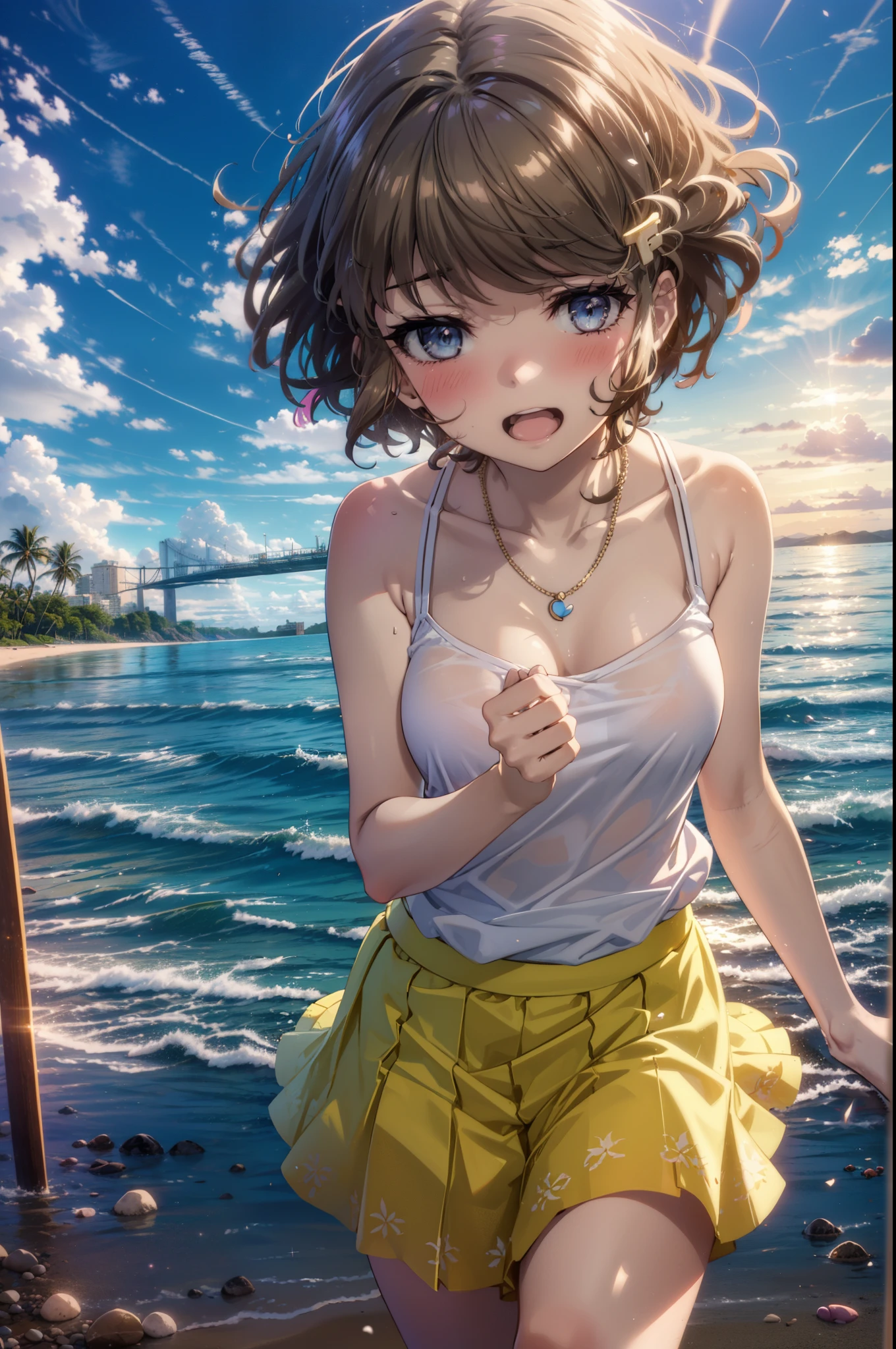 tomoekoga, Chie Koga, Long Hair, Brown Hair, blue eyes, Hair Clip,happy smile, smile, Open your mouth,Yellow tank top shirt,No sleeve,Shell Necklace,Long skirt,barefoot,barefoot,Walking,True Summer,Daytime,Hair is fluttering in the wind,Sandy Beachで散歩している,whole bodyがイラストに入るように,
break outdoors, Sandy Beach,Beach,
break looking at viewer, whole body,
break (masterpiece:1.2), Highest quality, High resolution, unity 8k wallpaper, (figure:0.8), (Beautiful attention to detail:1.6), Highly detailed face, Perfect lighting, Highly detailed CG, (Perfect hands, Perfect Anatomy),