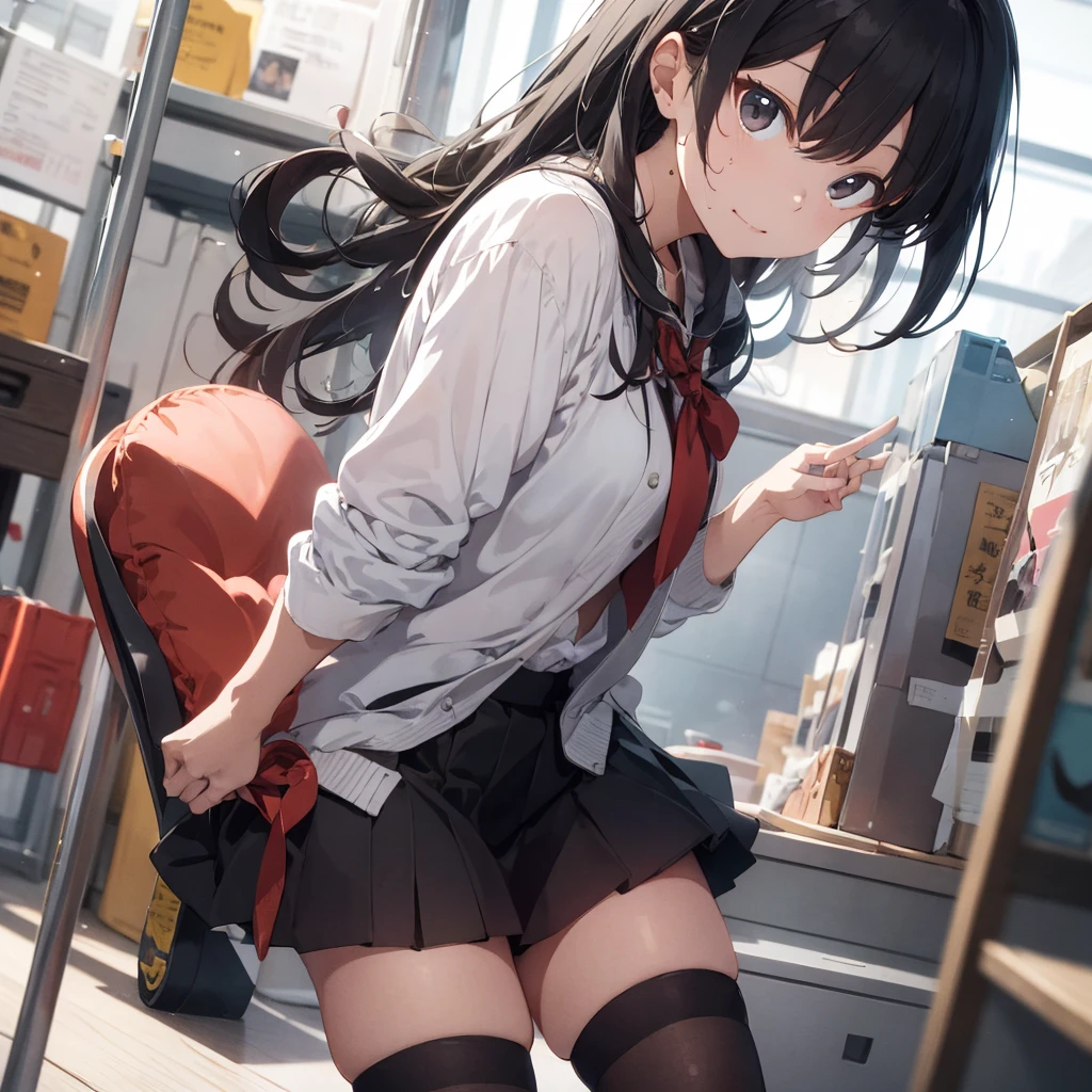 high resolution。High resolution、Low - Angle、masterpiece、Beautiful black-haired girl、17 years old、Round eyes、Playing the Trumpet、miniskirt and knee socks。sweating、high resolution8K