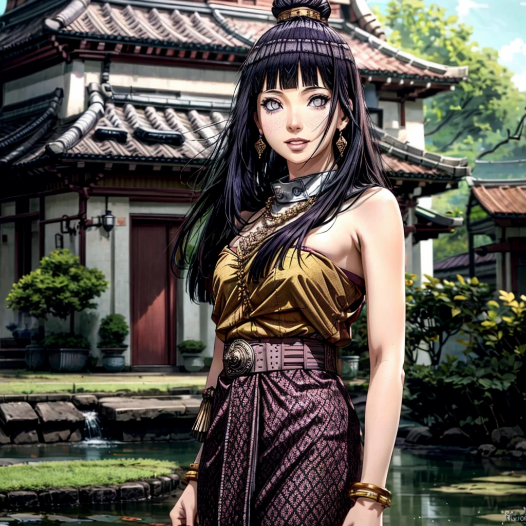 detailed face, detailed eyes, shiny skin, (extremely detailed 8k wallpaper),(8k, RAW photo, HDR, absurdres:1.2,best quality, masterpiece:1.2), (realistic, photo-realistic:1.37),best quality, realistic, photorealistic,ultra detailed,extremely detailed face,BRIGHT LIGHT,ultrawide shot, 8k uhd, dslr, soft lighting, high quality, film grain, Fujifilm XT3 tradition gold body strap, red sabai dress, thai traditional necklace, thai traditional bracelets, thai traditional belt, thai traditional earring, strapless thai traditional dress, temple,indoor,Statue of Buddha, ((blunt bangs)), dark blue hair, purple eyes, long hair, detailed face, ((1 girl)),beautiful ,Character Hinata Uzumaki from Naruto, The background is a rice field and a stream