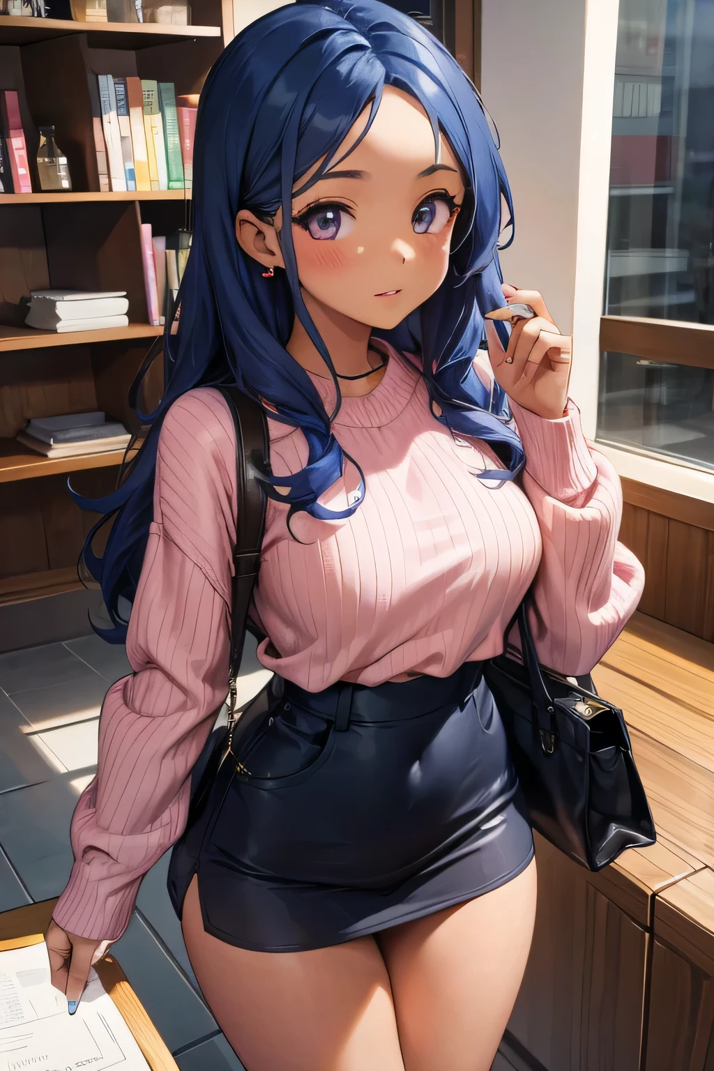 1 girl, single girl, sexy girl, wavy blue hair, dark skin, tan skin, big breasts and wide hips, pink top with a sweetheart neckline, a small white sweater, a small dark pink skirt, a long pink boot, a mini bag , in an office, in a building