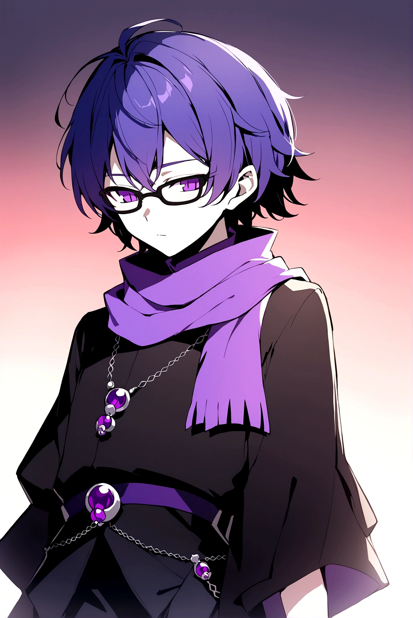 Male gender person, set in a fantasy world, 17 years, short purple hair, black glasses, purple scarf, black and red medieval style clothing, 