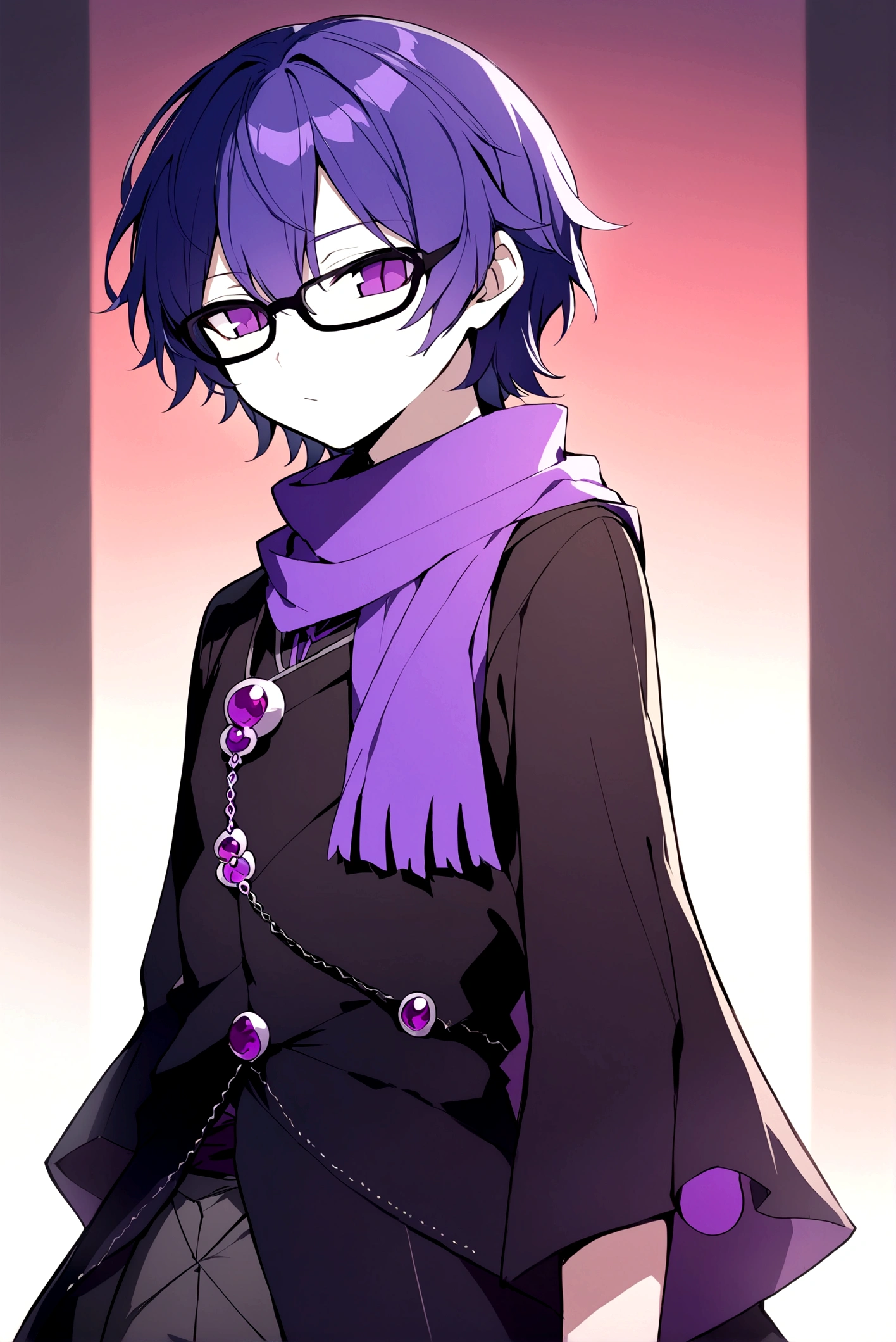 Male gender person, set in a fantasy world, 17 years, short purple hair, black glasses, purple scarf, black and red medieval style clothing,