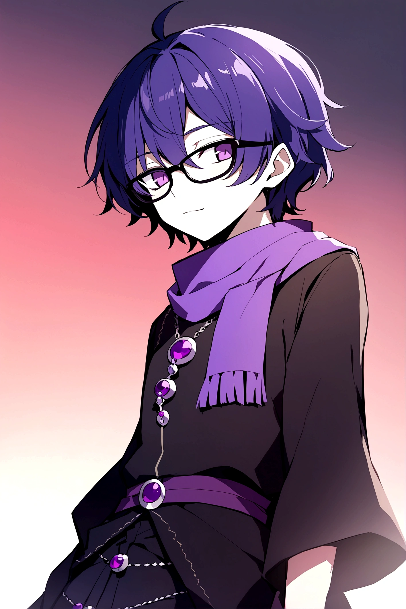 Male gender person, set in a fantasy world, , short purple hair, black glasses, purple scarf, black and red medieval style clothing, 