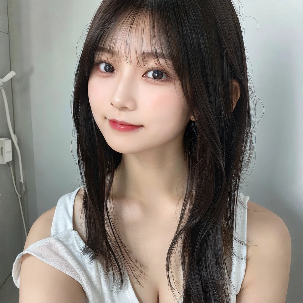 whiteroom, 1 person, Japanese woman, look at the camera, 24yo, H~I cup, model's expression, silver ratio, cool, middle black hair, OL, erotic, eye color brown, Dimples on both cheeks, round face