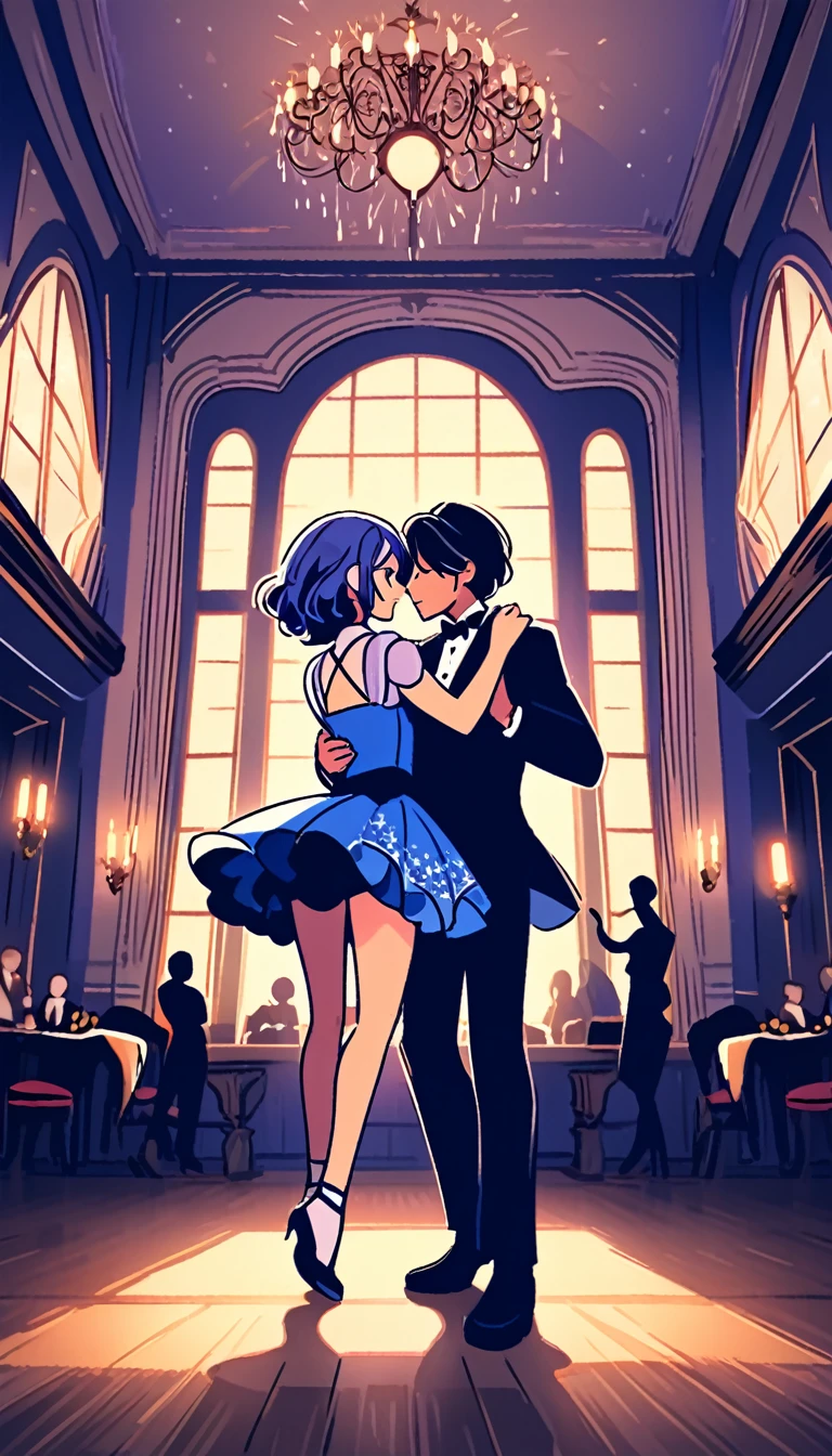 a man and woman dancing tango, art deco ballroom, warm color palette, 1920s, 1 man 1 woman, sexy tango dance pose, ballroom dancers, ornate art deco interior, detailed architectural features, chandelier, (best quality,4k,8k,highres,masterpiece:1.2),ultra-detailed,(realistic,photorealistic,photo-realistic:1.37),cinematic lighting, dramatic shadows, Outside the window is a balcony. a narrow french window with an arched top leads out to the balcony.,man facing forward, woman facing away from viewer, dancing the tango, woman is wearing a purple dress with slit, she has her right leg out to the side, (exposing her thigh:1.5), Outside is dark, small stars are shining in (the dark blue sky:1.3), (dimly lit room:1.2), and shadows are cast on the eye sockets, making it impossible to read their expressions, detailed facial features, beautiful dress, formal attire, natural lighting, warm color palette,