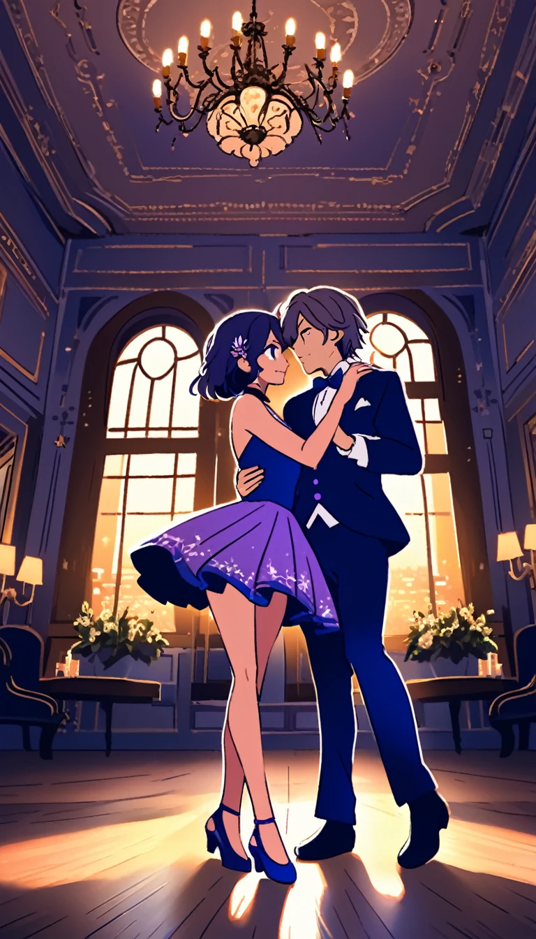 a man and woman dancing tango, art deco ballroom, warm color palette, 1920s, 1 man 1 woman, sexy tango dance pose, ballroom dancers, ornate art deco interior, detailed architectural features, chandelier, (best quality,4k,8k,highres,masterpiece:1.2),ultra-detailed,(realistic,photorealistic,photo-realistic:1.37),cinematic lighting, dramatic shadows, Outside the window is a balcony. a narrow french window with an arched top leads out to the balcony.,man facing forward, woman facing away from viewer, dancing the tango, woman is wearing a purple dress with slit, she has her right leg out to the side, (exposing her thigh:1.5), Outside is dark, small stars are shining in (the dark blue sky:1.3), (dimly lit room:1.2), and shadows are cast on the eye sockets, making it impossible to read their expressions, detailed facial features, beautiful dress, formal attire, natural lighting, warm color palette, 