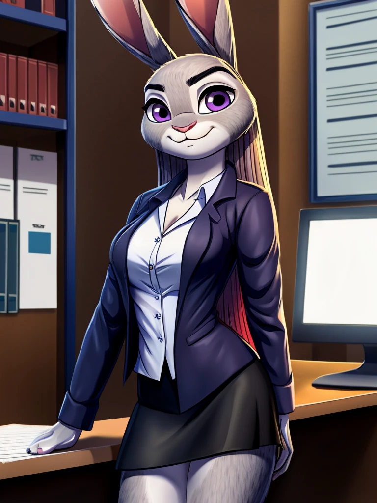 best quality,
masterpiece,
High quality
ultra-detailed
Portrait,
Looking at the audience,
detailed background,
background is an office,

(Face is JudyHopps:1.15),
NamiFinal,
((long straight hair)),
wispy bangs, bangs,
purple eyes,
(arched eyebrows:1.1),
(uplift eyebrows:1.1),
(rabbit ears:1.1),

office lady is wearing suit,
((White blouse)),
((Black blazer jacket)),
((Black skirt)),
clothes made of cotton,

(skin is felt:1.3),
human hands,

(solo:1.5),
(1 lady:1.5),
one character only
alone,
Perfect Anatomy