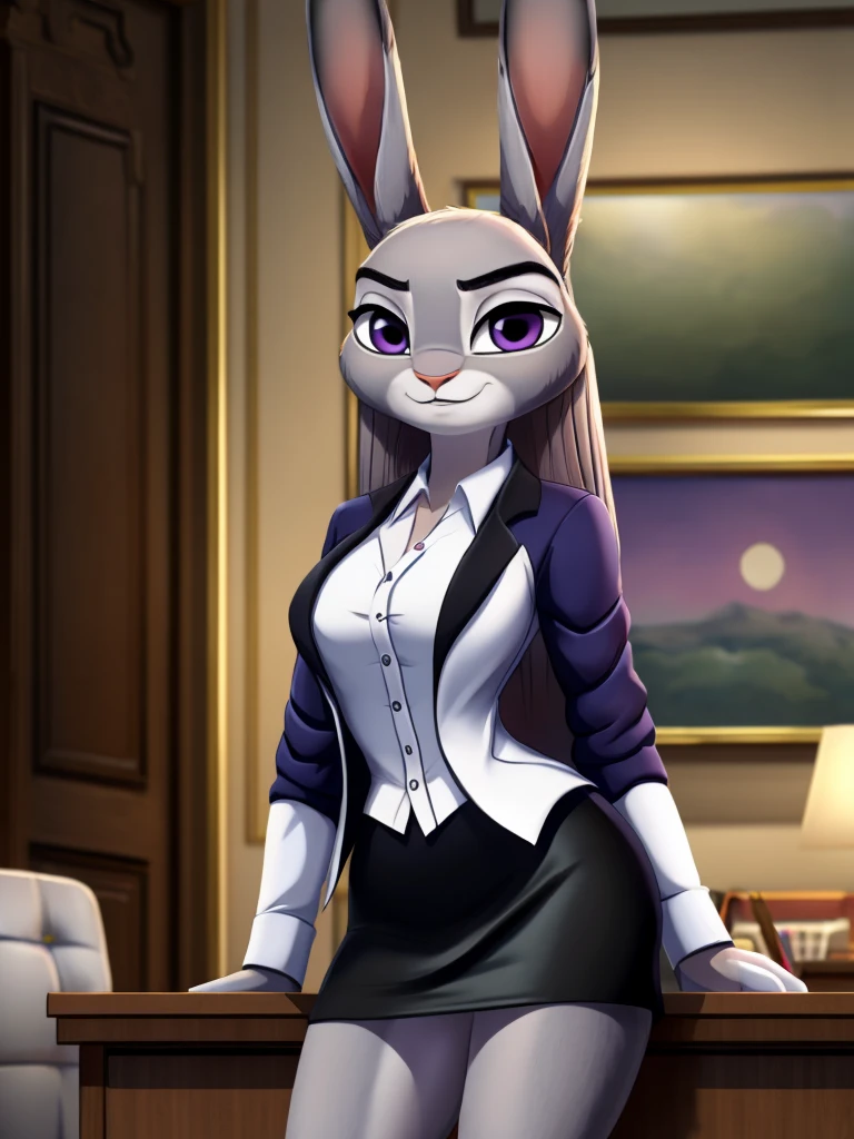 best quality,
masterpiece,
High quality
ultra-detailed
Portrait,
Looking at the audience,
detailed background,
background is an office,

(Face is JudyHopps:1.15),
NamiFinal,
((long straight hair)),
wispy bangs, bangs,
purple eyes,
(arched eyebrows:1.1),
(uplift eyebrows:1.1),
(rabbit ears:1.1),

office lady is wearing suit,
((White blouse)),
((Black blazer jacket)),
((Black skirt)),
clothes made of cotton,

(skin is felt:1.3),
human hands,

(solo:1.5),
(1 lady:1.5),
one character only
alone,
Perfect Anatomy