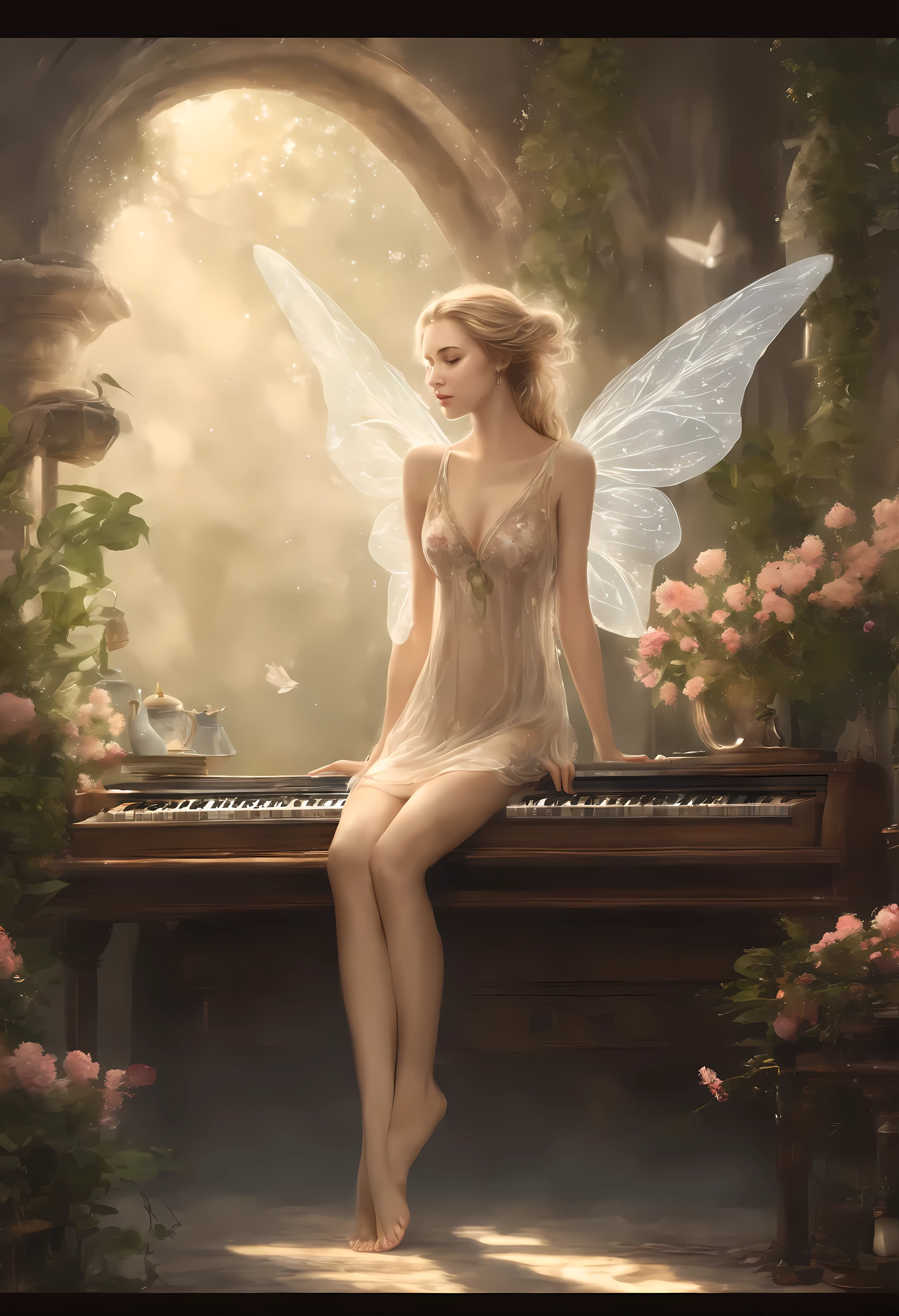 Delicate, , slender (Adult) Fairy Girl (with transparent wings behind the back) ((((stands) on the) (huge dark keyboard) Notebook)) ((bare footed)) ((in a light summer short translucent floral (sundress))) and looks up at the glowing screen, longue blonde hair, (small breasts) with tender nipples, (Fine (tender bare feet)), exquisite, gentle hands, Exquisite open neck, laptop, A cup of coffee, (Everything seems gigantic compared to this fairy girl), General view, Everything is in an ordinary room, in the style of drawings and engravings by Leonardo da Vinci, in the style of Chinese painting, ink painting on silk, soft, discreet shades