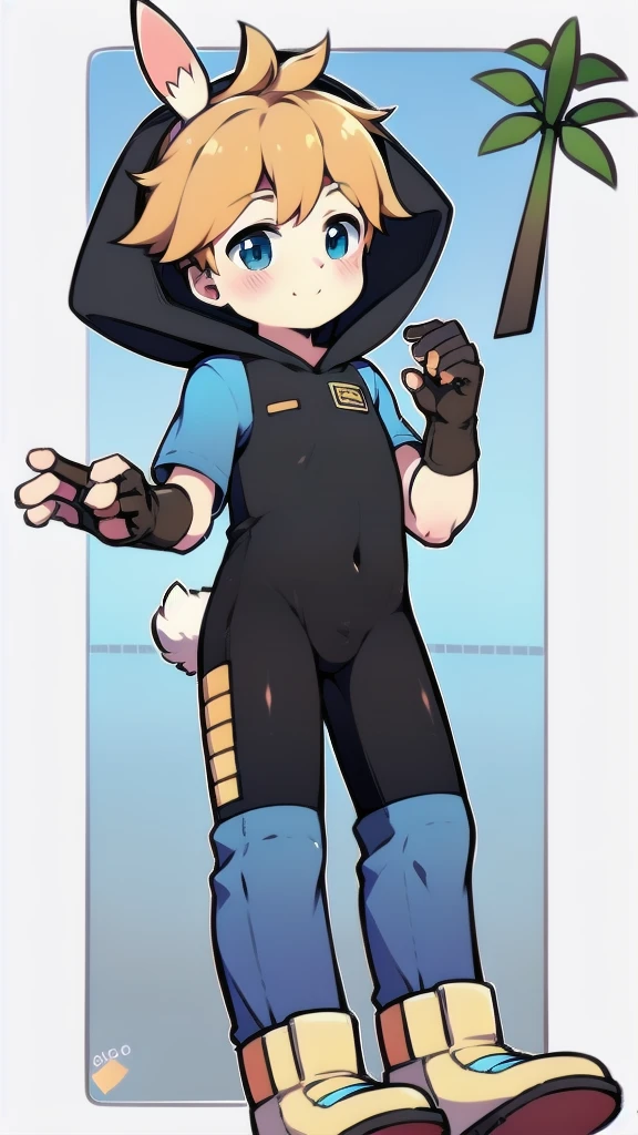 ((A young boy)),(Youthful feeling),One-piece mountaineering suit,Slender figure,Healthy limbs,Goggles,Fingerless gloves,Cotton socks,Short sleeve,stand up,happy,Rabbit ears,Rabbit Tail,hood