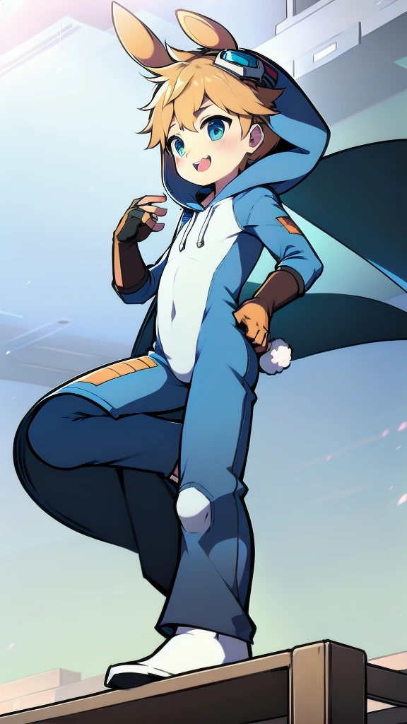 ((A young boy))，(Youthful feeling)，One-piece mountaineering suit，Slender figure,Healthy limbs，Goggles，Fingerless gloves，Cotton socks，Short sleeve，stand up，happy，Rabbit ears，Rabbit Tail，hood